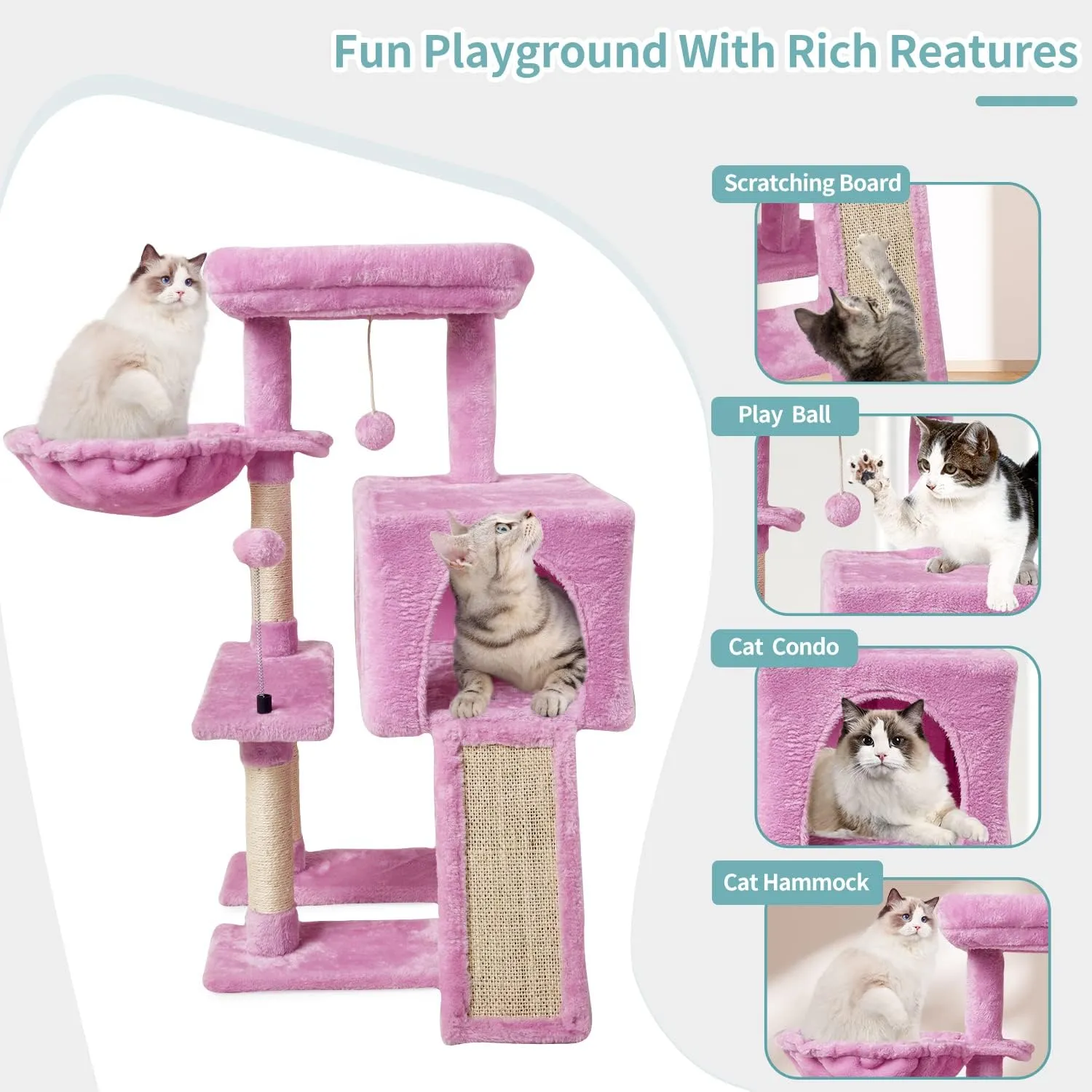 MIAO PAW Pink Cute Cat Tree Tower for Indoor Cats Condo with Sisal Scratching Posts Jump Platform Furniture Activity Center Play House Bed