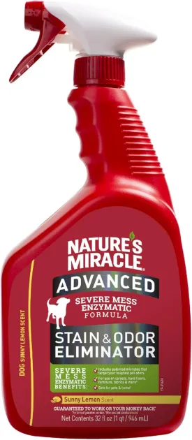 Natures Miracle Advanced Stain & Odor Eliminator, 32 Ounces, Sunny Lemon Scent, Severe Mess Enzymatic Formula For Tough Pet Messes