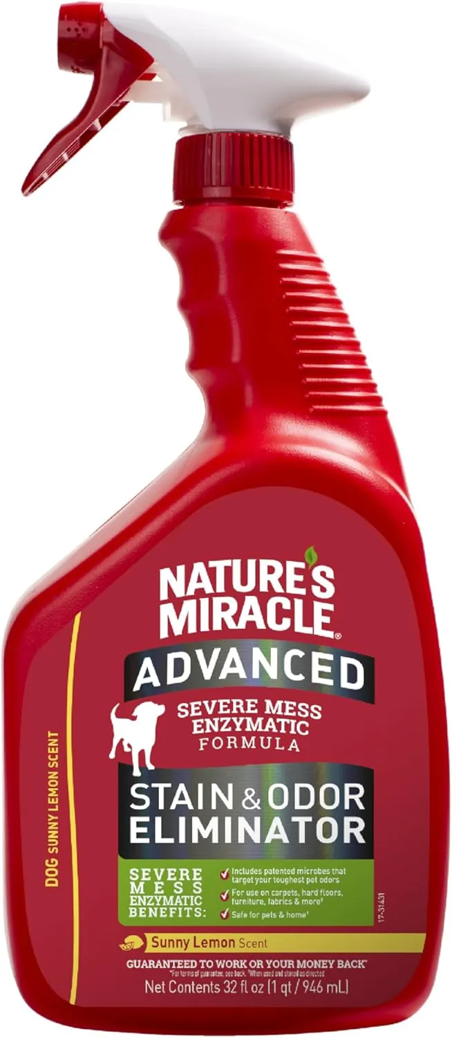 Natures Miracle Advanced Stain & Odor Eliminator, 32 Ounces, Sunny Lemon Scent, Severe Mess Enzymatic Formula For Tough Pet Messes