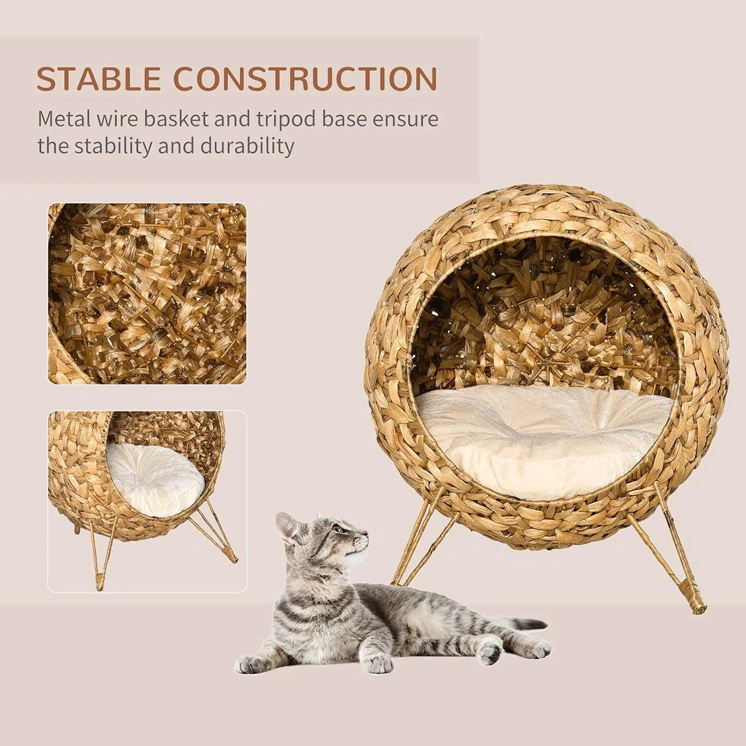 PawHut 20.5" Weaved Cat Bed, Elevated Hand-Woven Braided Banana Leaf Kitten House Condo with Cushion, Natural