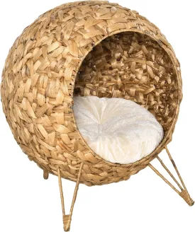 PawHut 20.5" Weaved Cat Bed, Elevated Hand-Woven Braided Banana Leaf Kitten House Condo with Cushion, Natural