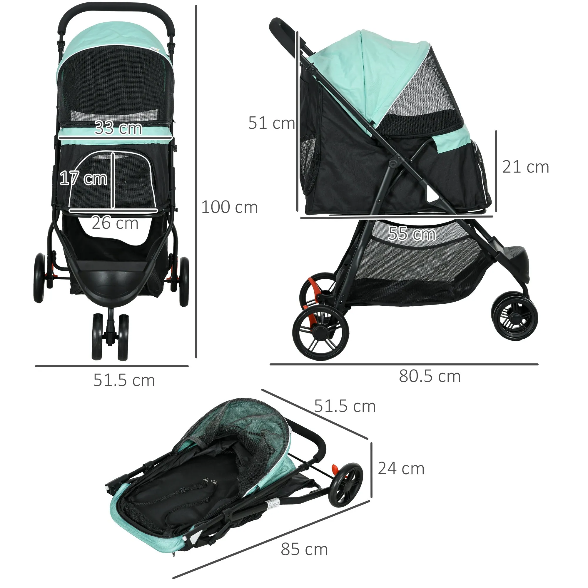 PawHut Dog Stroller for XS Dogs, S Dogs, Cats with Rain Cover