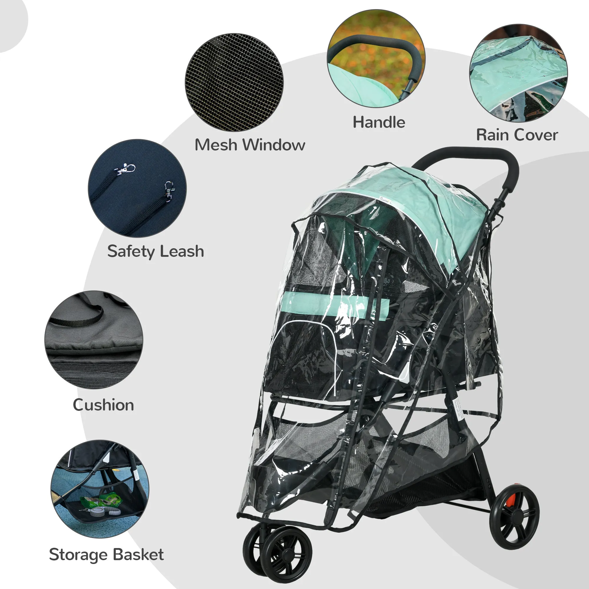 PawHut Dog Stroller for XS Dogs, S Dogs, Cats with Rain Cover