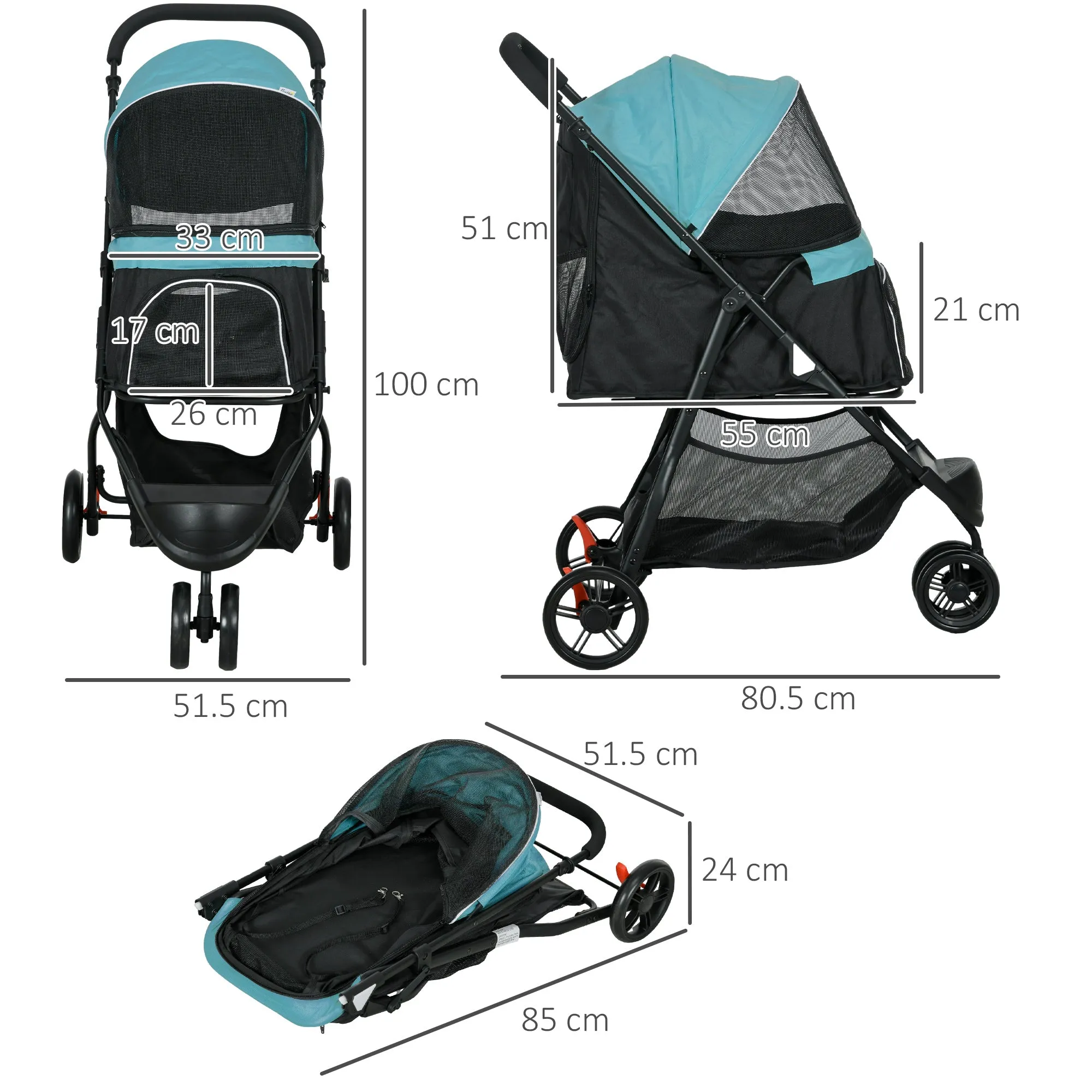 PawHut Dog Stroller for XS Dogs, S Dogs, Cats with Rain Cover