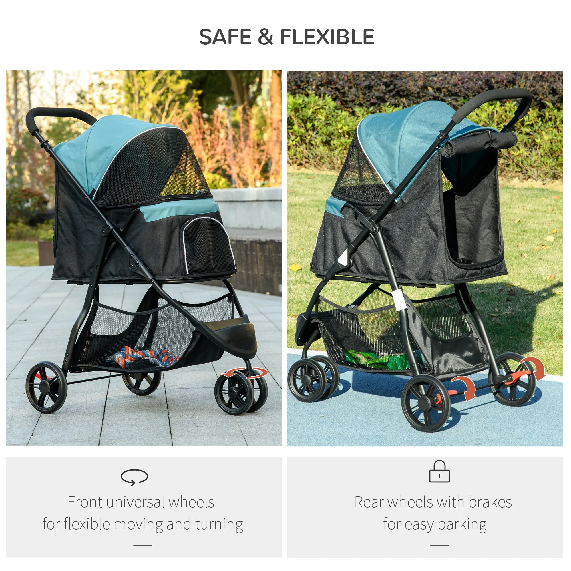 PawHut Dog Stroller for XS Dogs, S Dogs, Cats with Rain Cover