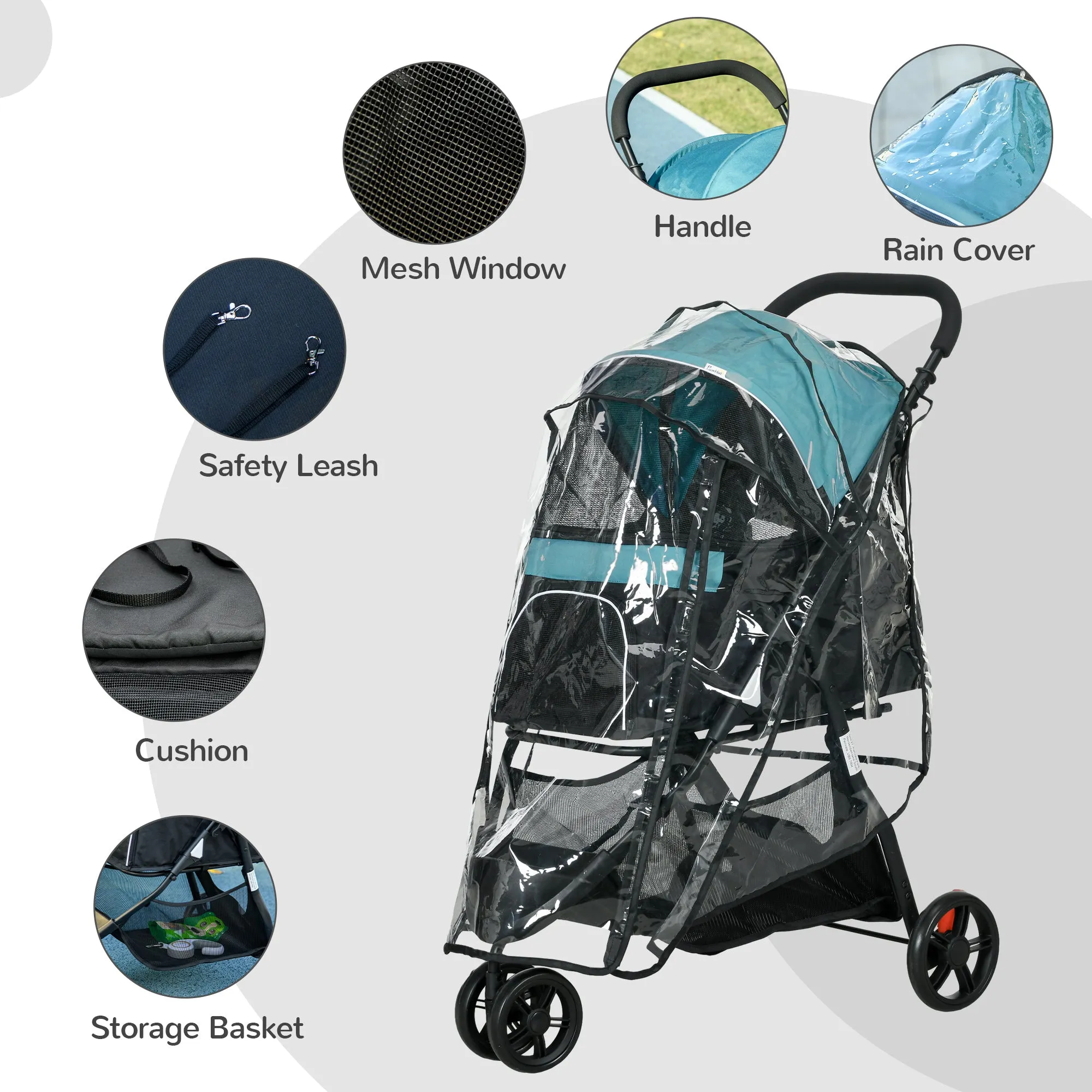 PawHut Dog Stroller for XS Dogs, S Dogs, Cats with Rain Cover