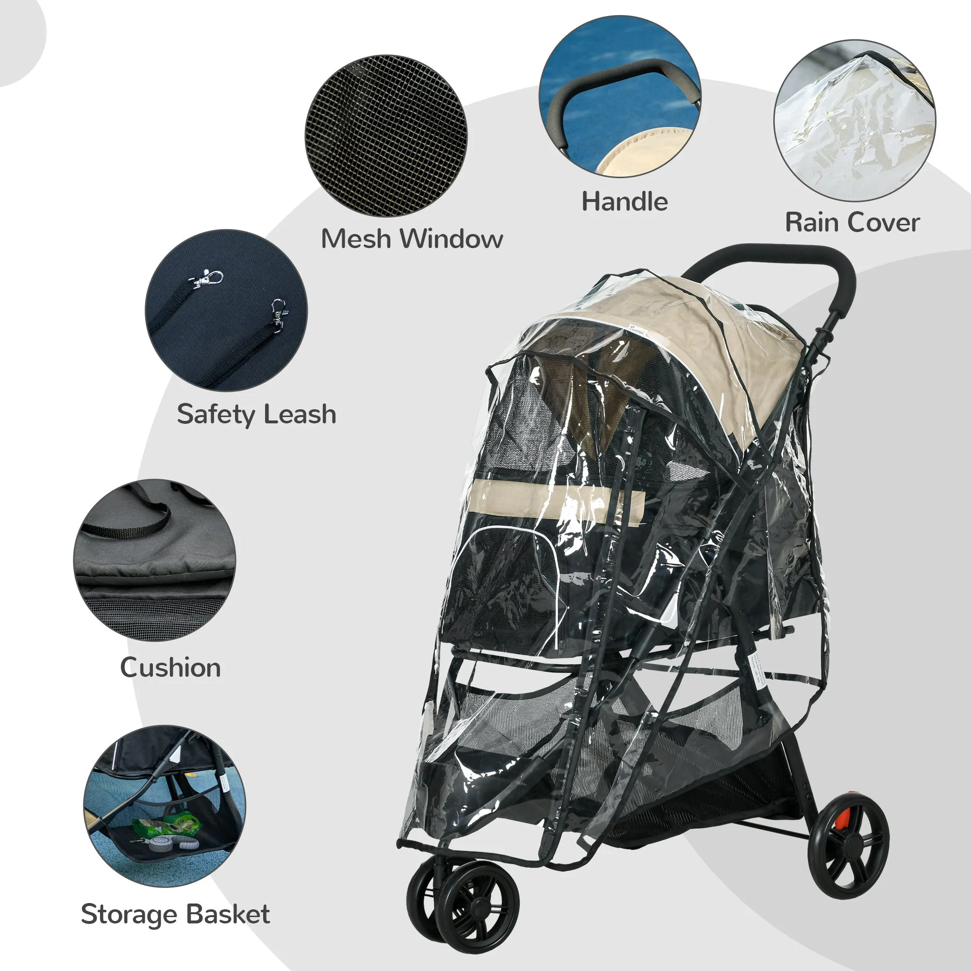 PawHut Dog Stroller for XS Dogs, S Dogs, Cats with Rain Cover