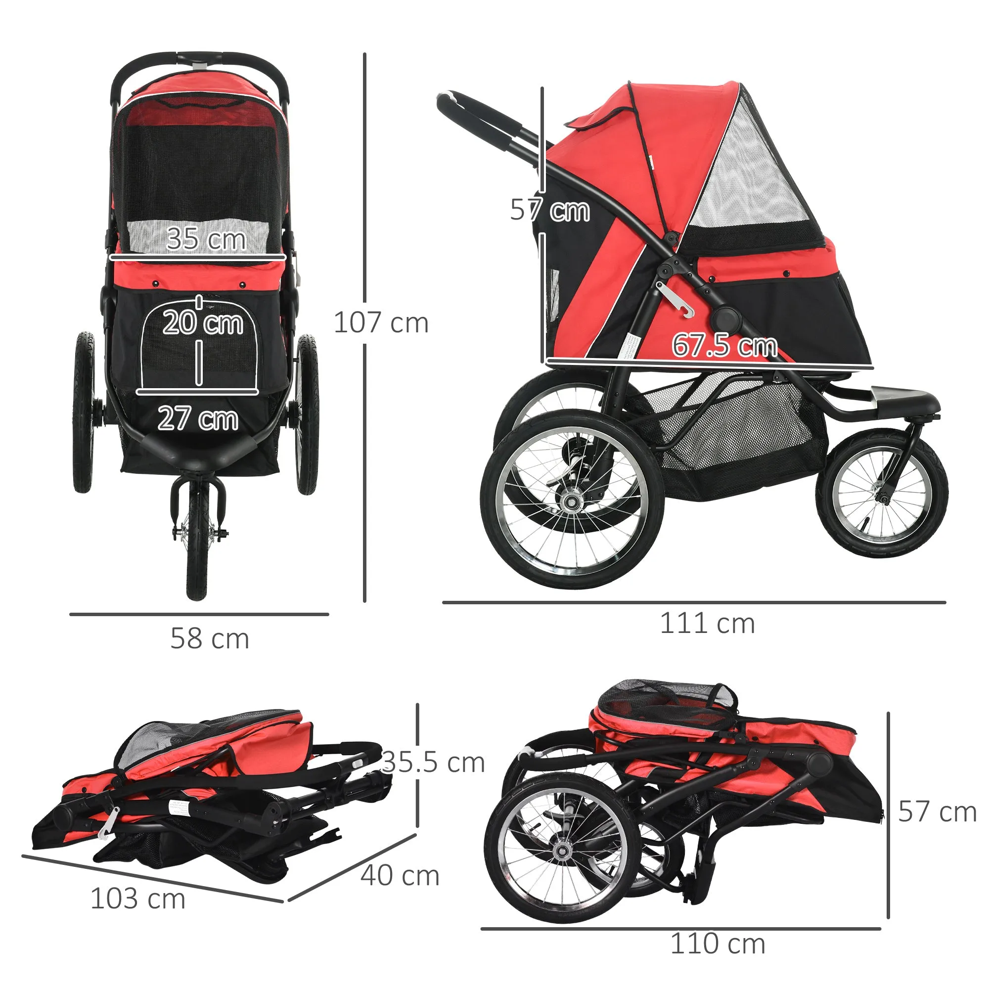 PawHut Three-Wheel Pet Stroller, for Medium, Small Dogs, Foldable Cat Pram - Red