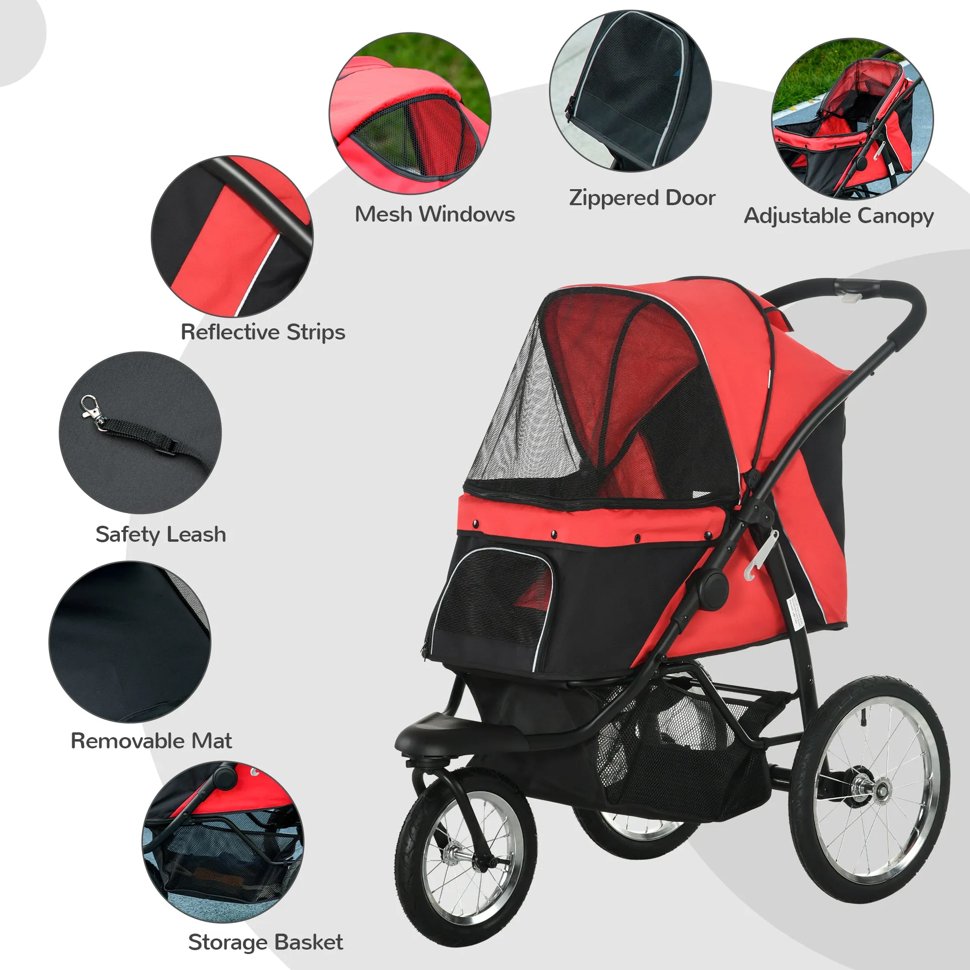 PawHut Three-Wheel Pet Stroller, for Medium, Small Dogs, Foldable Cat Pram - Red