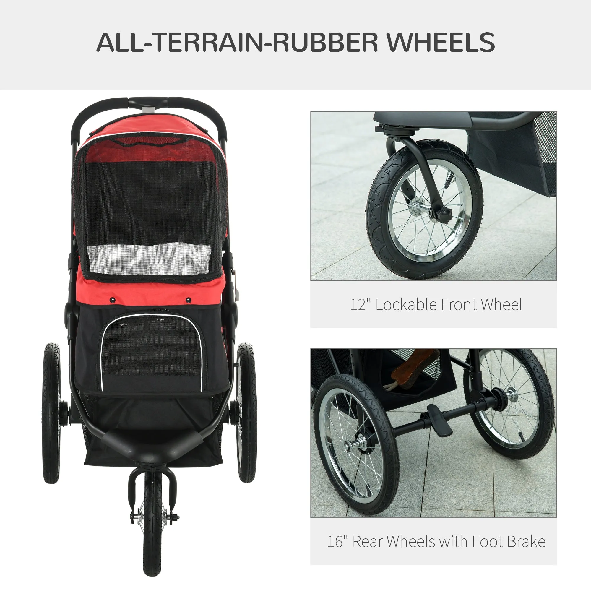 PawHut Three-Wheel Pet Stroller, for Medium, Small Dogs, Foldable Cat Pram - Red