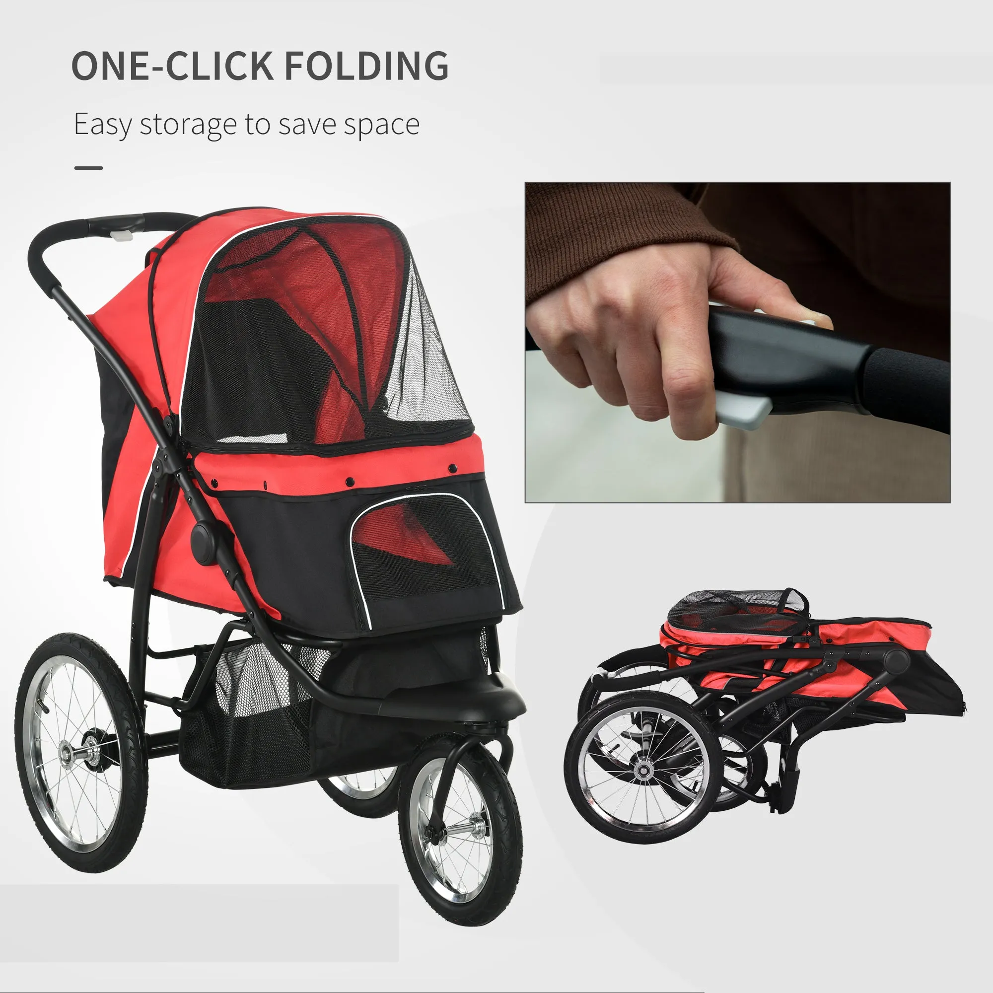 PawHut Three-Wheel Pet Stroller, for Medium, Small Dogs, Foldable Cat Pram - Red