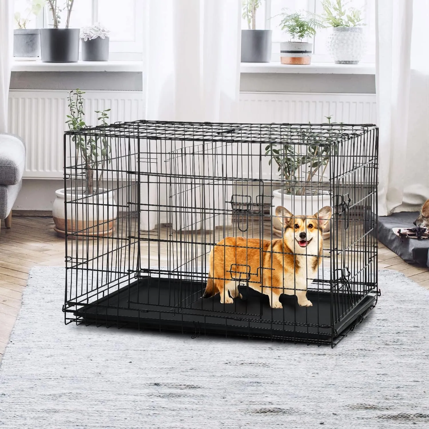 Pet Dog Crate, 36 Inches Metal Wire Large Dog Cage Double Door Folding Dog Kennel with Divider Panel, Leak-Proof Plastic Pan, Indoor Outdoor Pet Crates for Small Medium Breed Dogs Animals