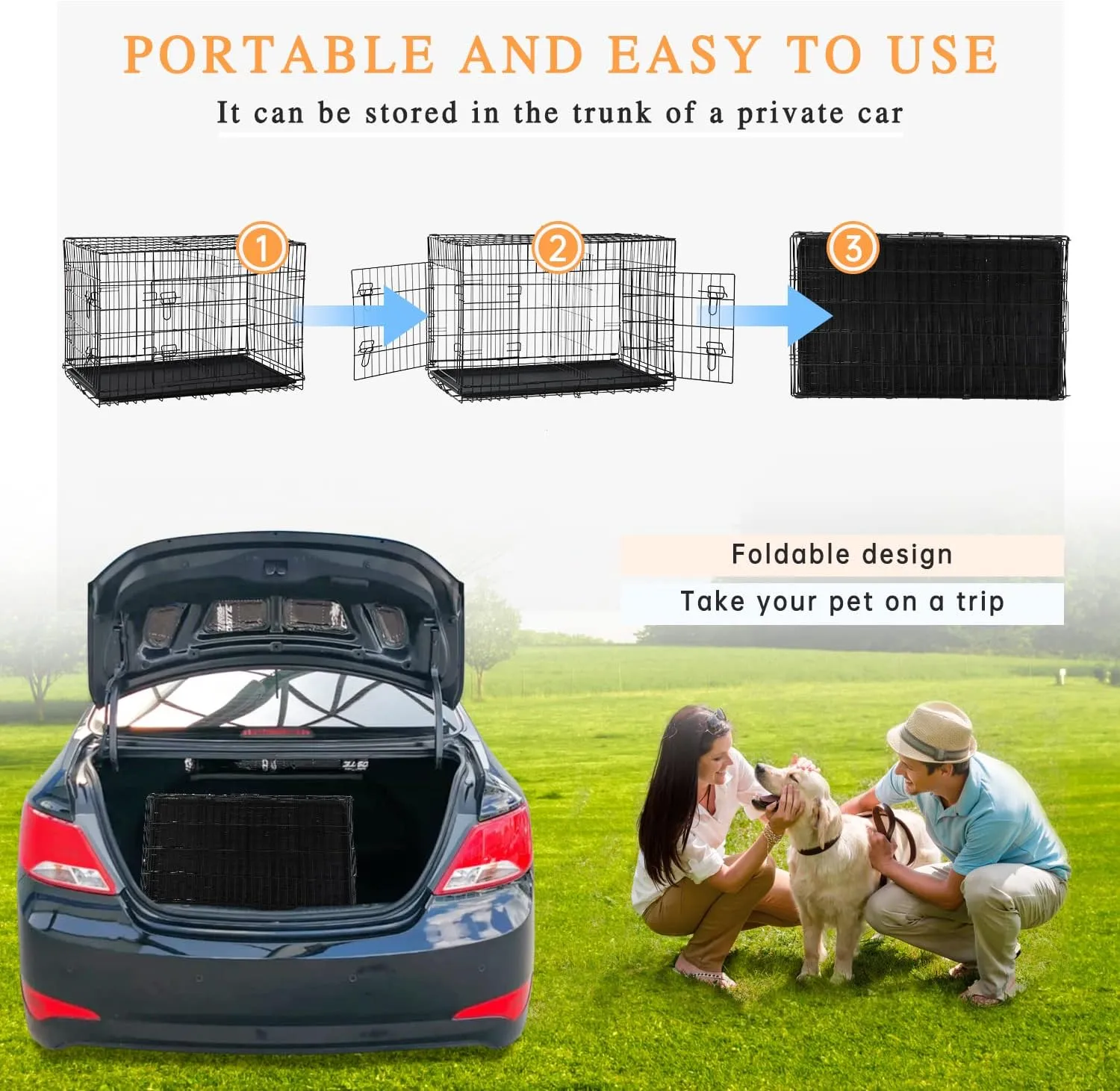 Pet Dog Crate, 36 Inches Metal Wire Large Dog Cage Double Door Folding Dog Kennel with Divider Panel, Leak-Proof Plastic Pan, Indoor Outdoor Pet Crates for Small Medium Breed Dogs Animals