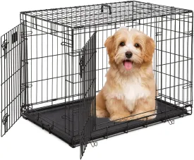 Pet Dog Crate, 36 Inches Metal Wire Large Dog Cage Double Door Folding Dog Kennel with Divider Panel, Leak-Proof Plastic Pan, Indoor Outdoor Pet Crates for Small Medium Breed Dogs Animals