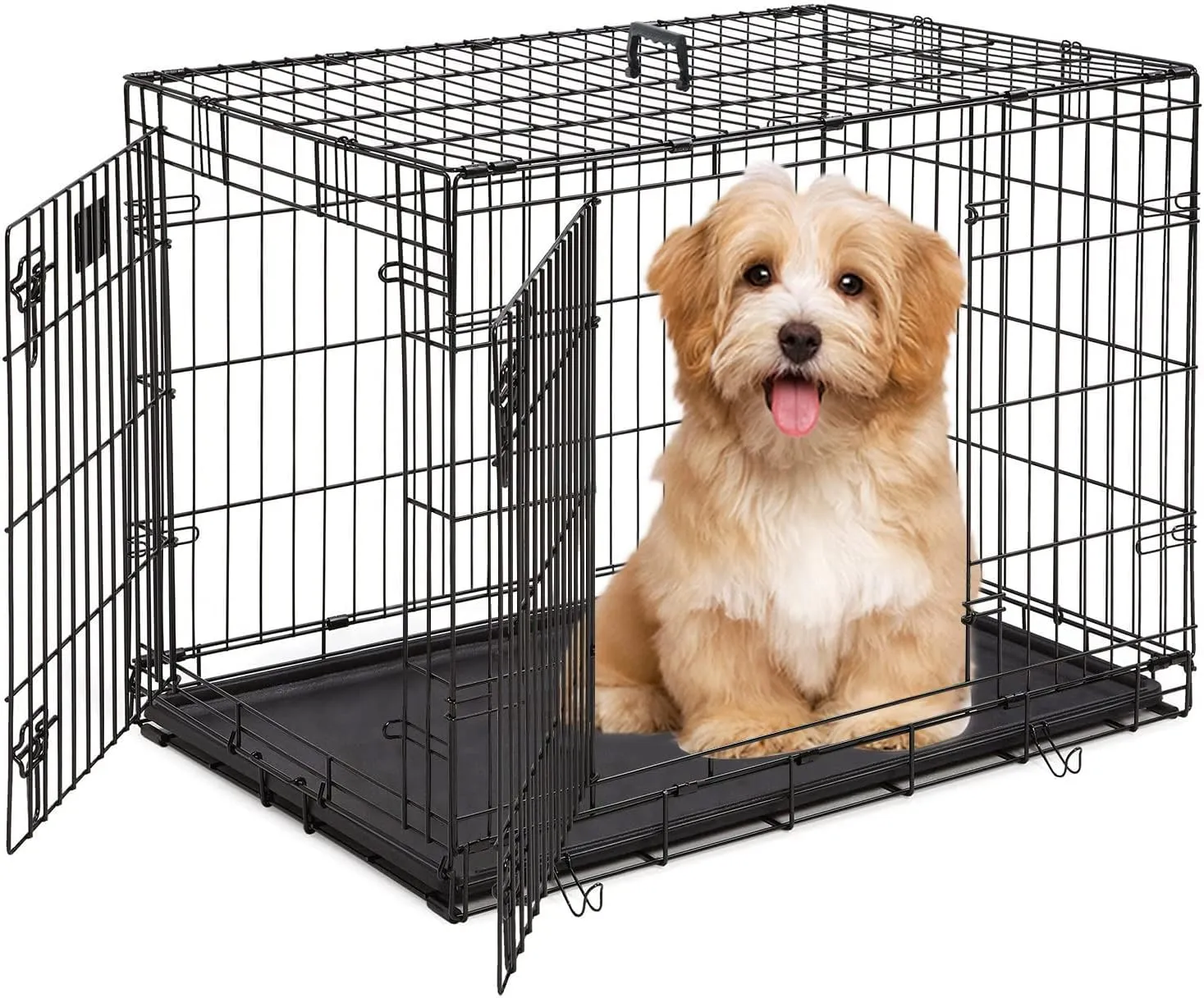 Pet Dog Crate, 36 Inches Metal Wire Large Dog Cage Double Door Folding Dog Kennel with Divider Panel, Leak-Proof Plastic Pan, Indoor Outdoor Pet Crates for Small Medium Breed Dogs Animals
