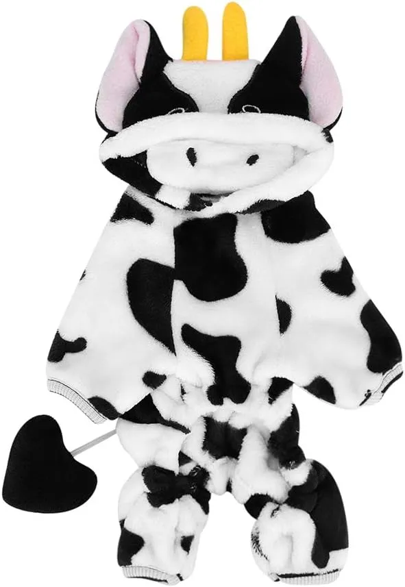 Pet Dog Milk Cow Jumpsuit Comfortable Velvet Costume Adorable Halloween Dog Clothes Winter Hoodie Fleece Pet Coat Soft Puppy Vest Apparel Funny Halloween Suit for Teddy Schnauzer Bulldog