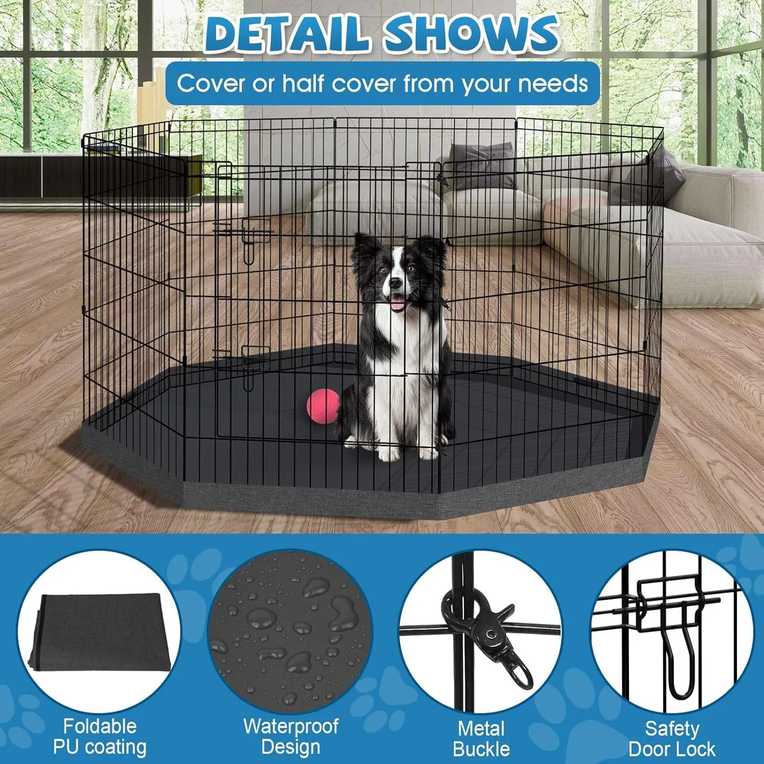 Pet Playpen Dog Pen Foldable Dog Exercise Fence 8 Panels 30 Inch Kennels Pet Playpen Options Ideal for Pet Medium Animals Outdoor Indoor (Playpen with Bottom Pad)