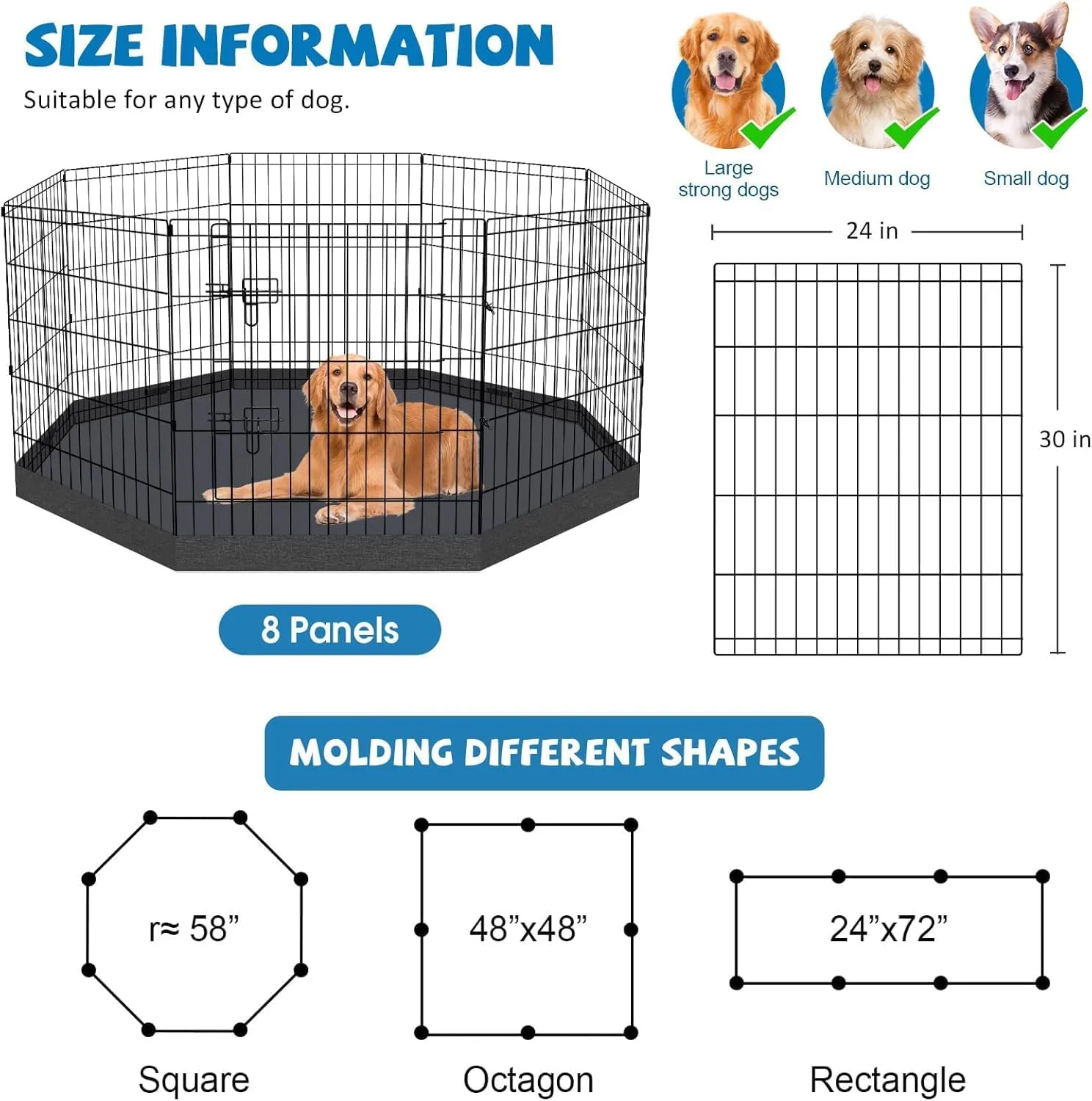 Pet Playpen Dog Pen Foldable Dog Exercise Fence 8 Panels 30 Inch Kennels Pet Playpen Options Ideal for Pet Medium Animals Outdoor Indoor (Playpen with Bottom Pad)