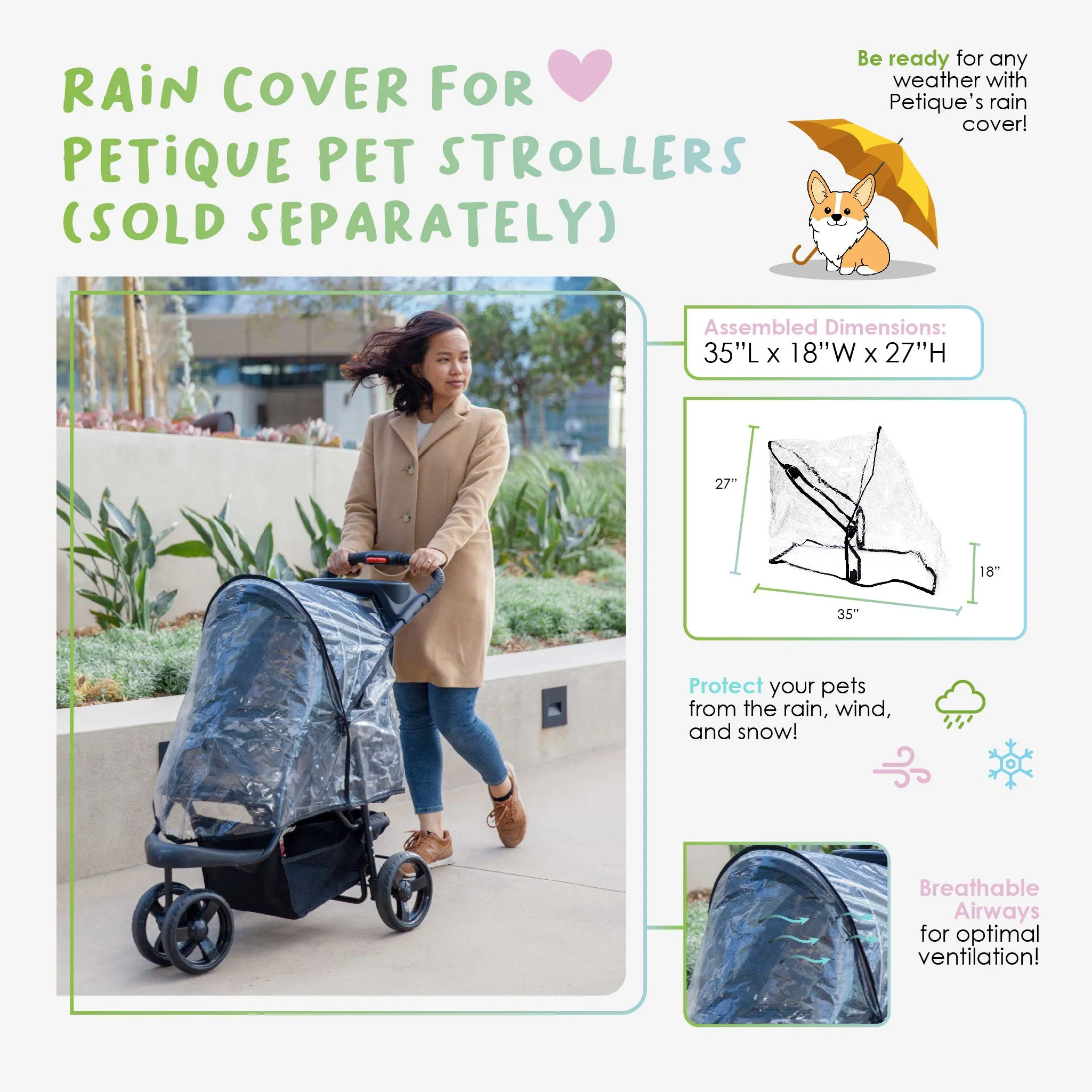 Pet Stroller Rain Cover ONLY, Weather Protection Snow/Rain/Wind Cover for Dog/Cat/Pet Stroller with Ventilation, Foldable, Clear, One Size (COMPATIBLE WITH PETIQUE STROLLERS ONLY)