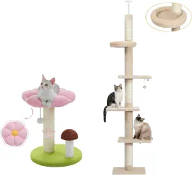 PETEPELA Cat Tower 5-Tier Floor to Ceiling Cat Tree Height(95-107 Inches) Adjustable, Tall, Climbing Tree Flower Cat Scratching Post, Mushroom Cat Scratcher Cute with Thick Scratching Post [Dia=3.5'']
