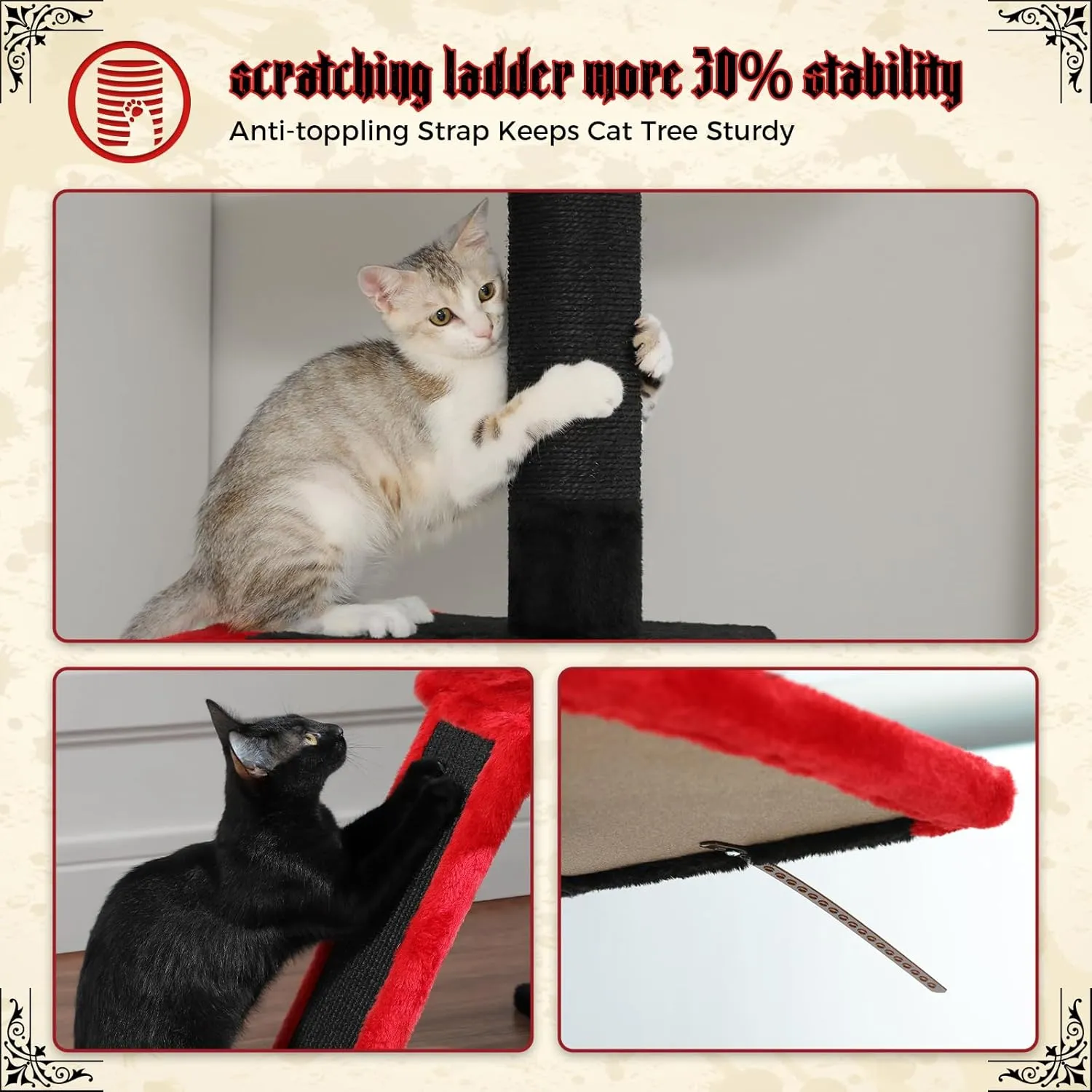 PETEPELA Floor to Ceiling Cat Tree, Gothic Cat Tower 5 Tiers Tall (83-108 Inches) Adjustable Height, Cats Climbing Tree Featuring with Condo, Scratching Post
