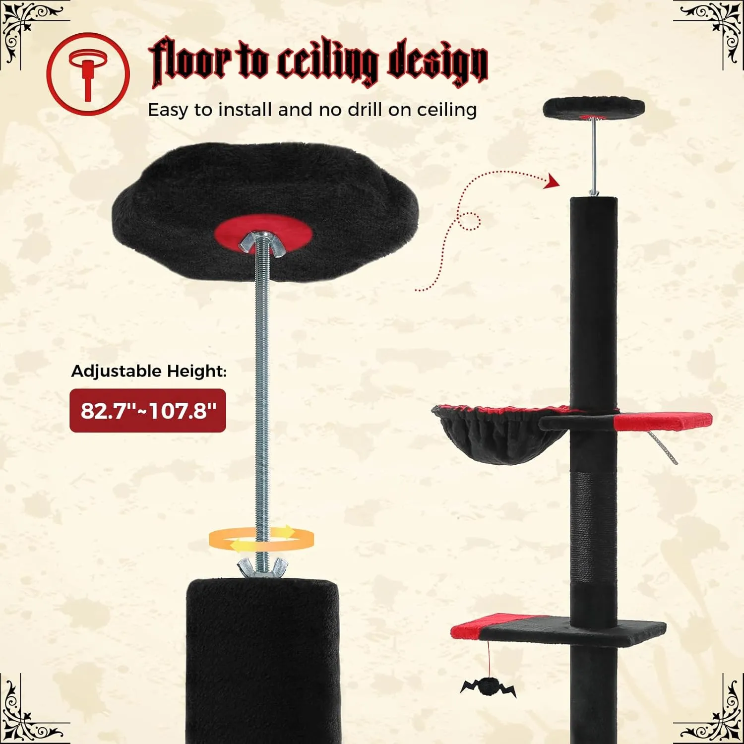 PETEPELA Floor to Ceiling Cat Tree, Gothic Cat Tower 5 Tiers Tall (83-108 Inches) Adjustable Height, Cats Climbing Tree Featuring with Condo, Scratching Post