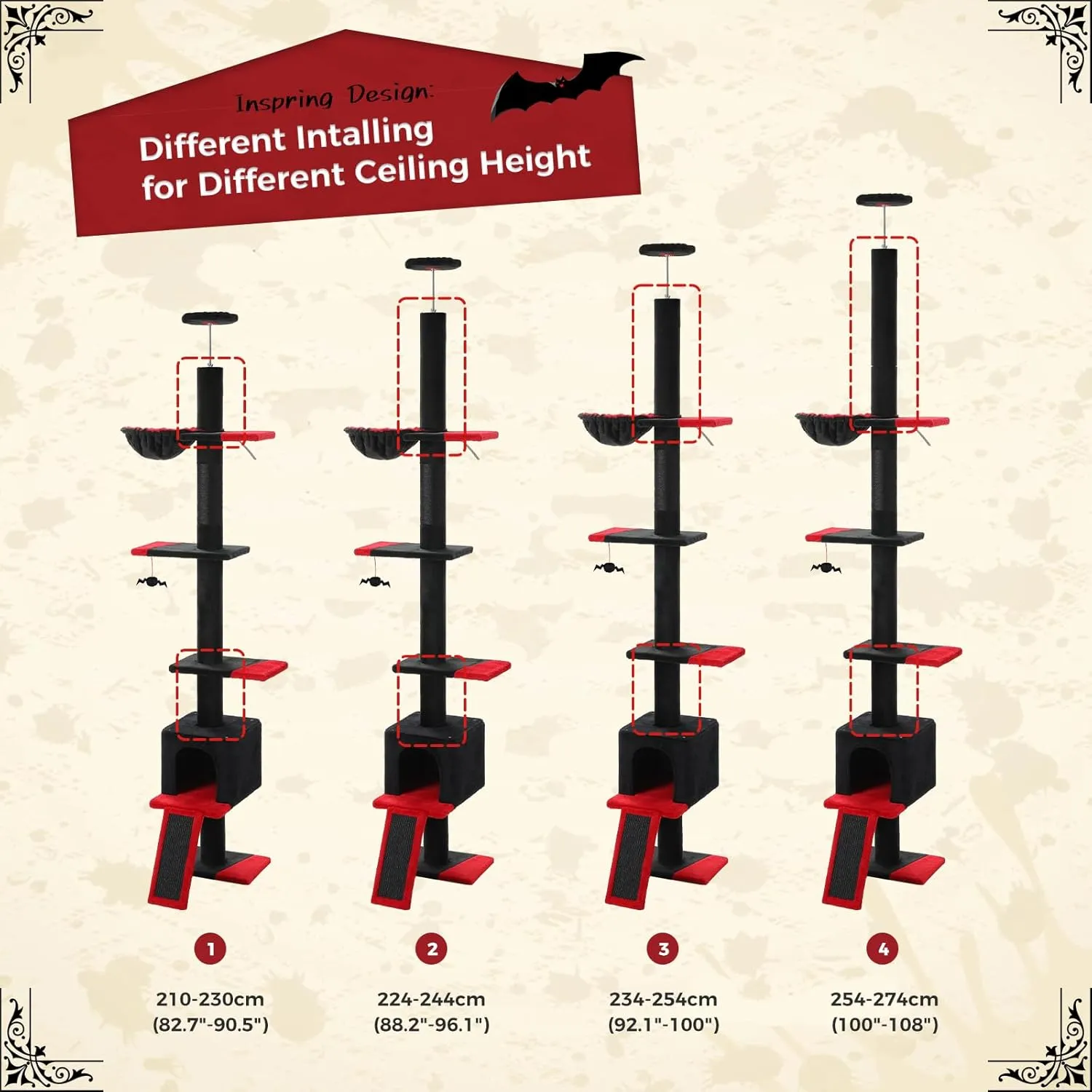 PETEPELA Floor to Ceiling Cat Tree, Gothic Cat Tower 5 Tiers Tall (83-108 Inches) Adjustable Height, Cats Climbing Tree Featuring with Condo, Scratching Post