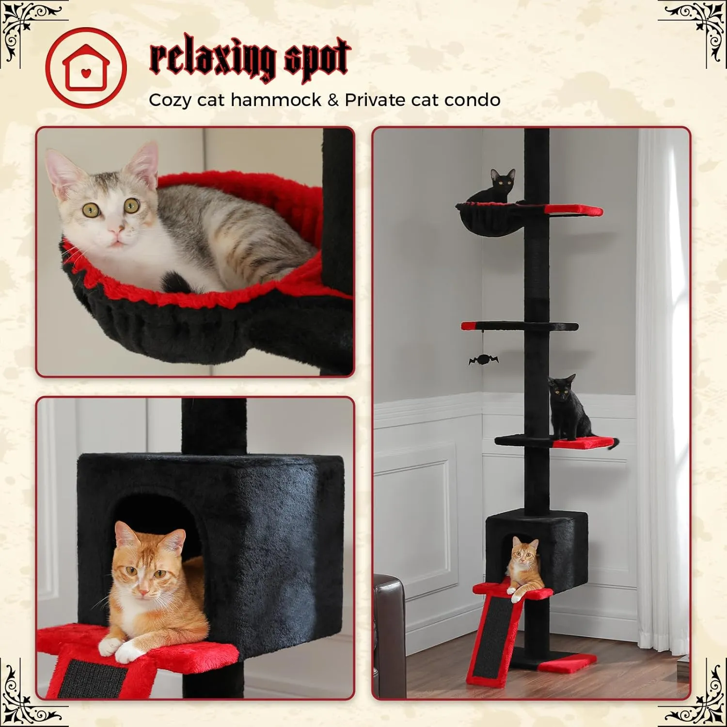 PETEPELA Floor to Ceiling Cat Tree, Gothic Cat Tower 5 Tiers Tall (83-108 Inches) Adjustable Height, Cats Climbing Tree Featuring with Condo, Scratching Post