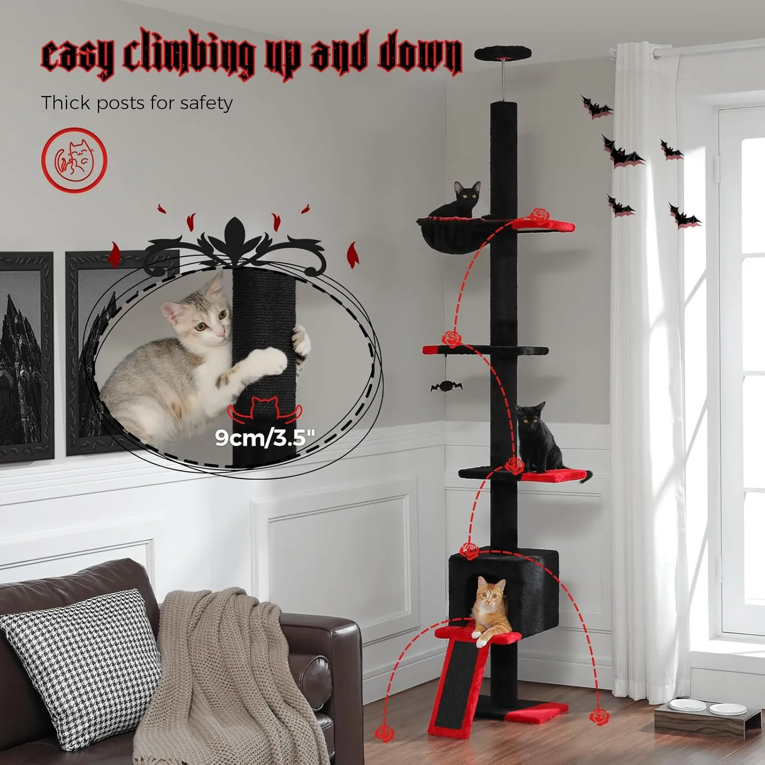 PETEPELA Floor to Ceiling Cat Tree, Gothic Cat Tower 5 Tiers Tall (83-108 Inches) Adjustable Height, Cats Climbing Tree Featuring with Condo, Scratching Post