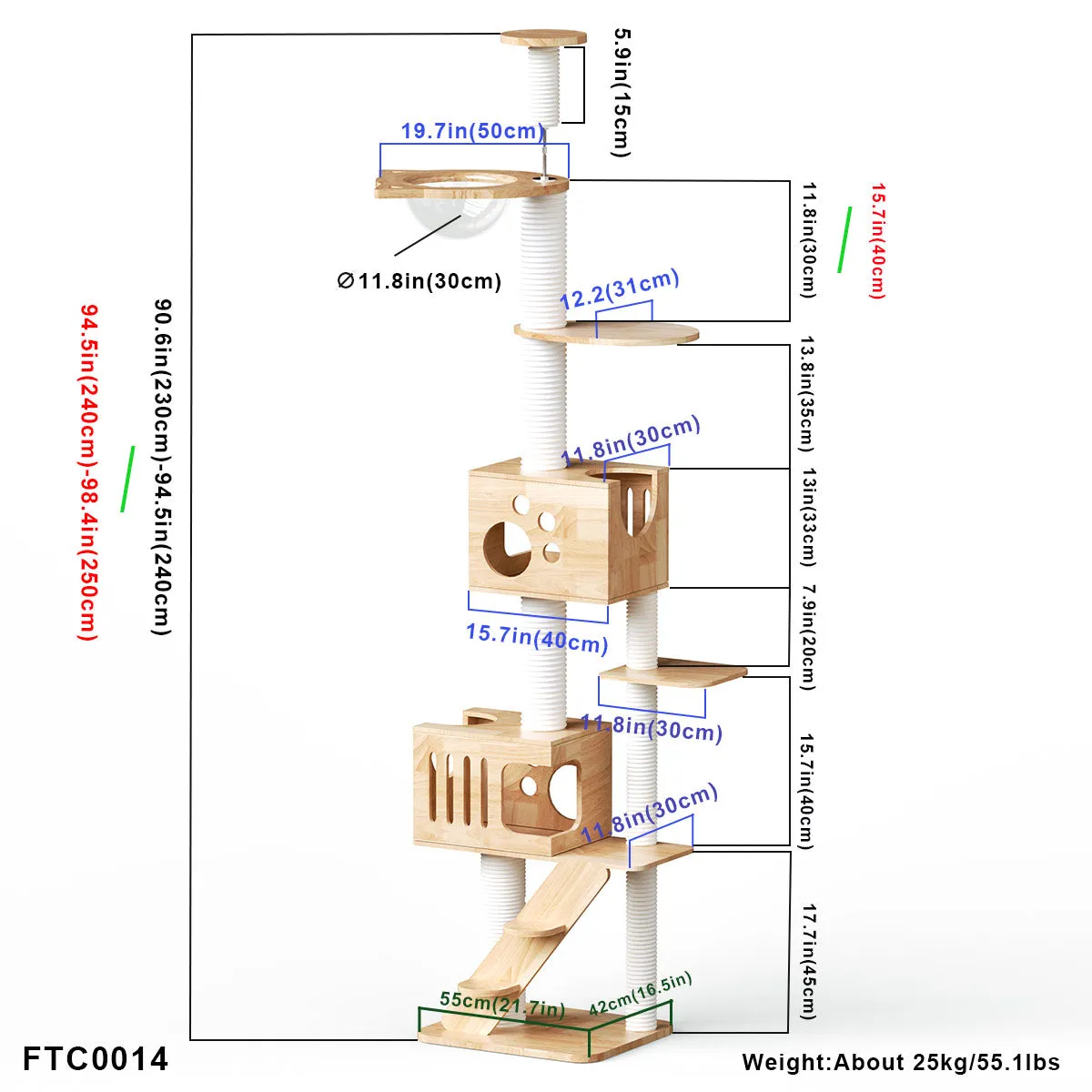 PETOMG Ceiling to Floor Cat Tree, Rubber Wood, No Drilling, Adjustable Height (90.6'' - 110.2'')