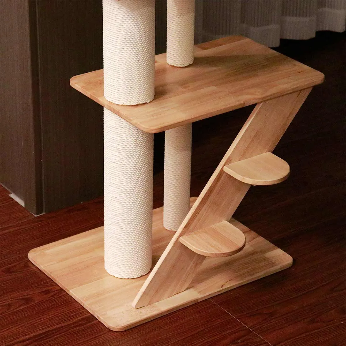 PETOMG Rubber Wood Floor to Ceiling Cat Tree, No Drilling, Adjustable Height(90.6'' - 110.2'')