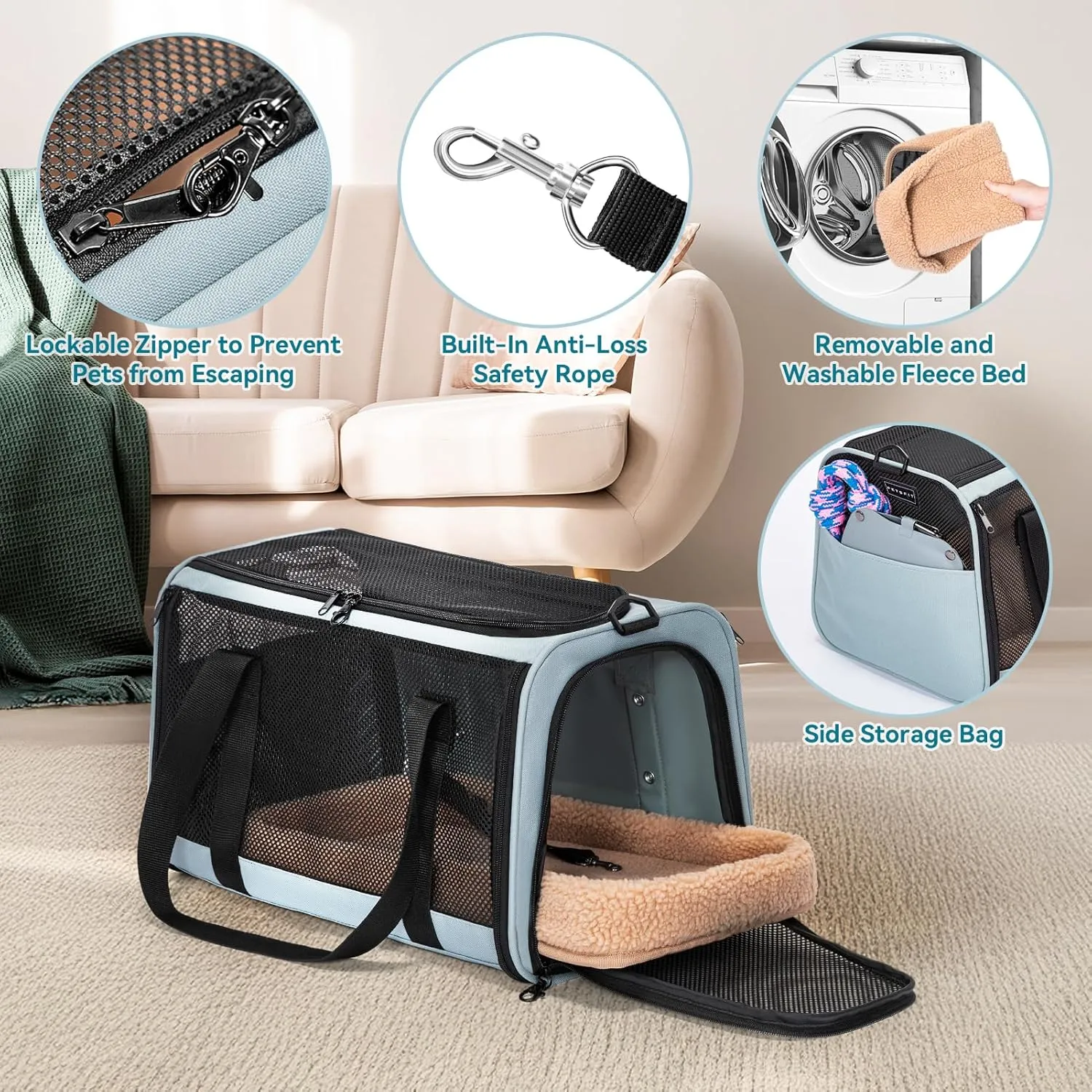 Petsfit Airline Approved Soft-Sided Pet Carrier for Cats & Dogs 18"x11"x11" - Lightweight Collapsible Cat Carrier with Patented Car Buckle, Adjustable Strap - 9 lbs Capacity (Cyan Blue)