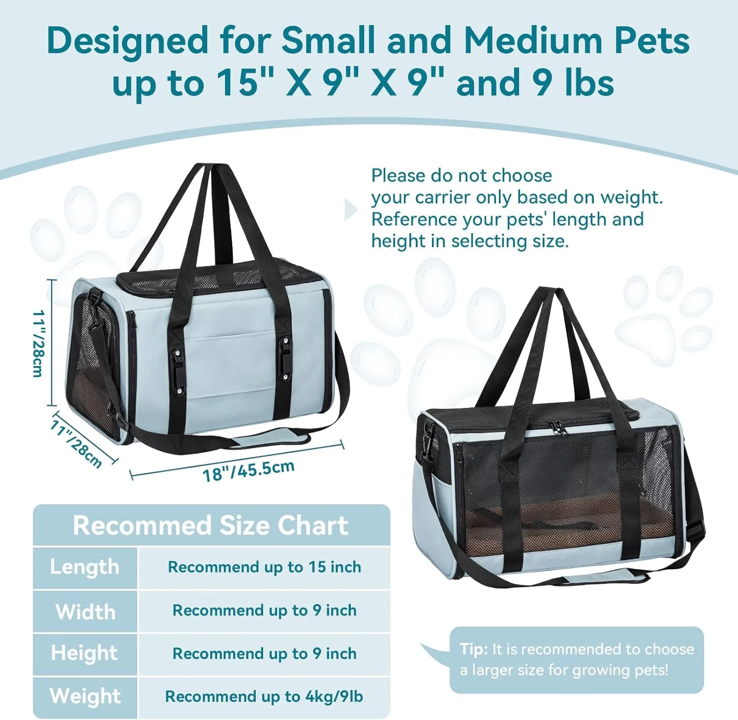 Petsfit Airline Approved Soft-Sided Pet Carrier for Cats & Dogs 18"x11"x11" - Lightweight Collapsible Cat Carrier with Patented Car Buckle, Adjustable Strap - 9 lbs Capacity (Cyan Blue)