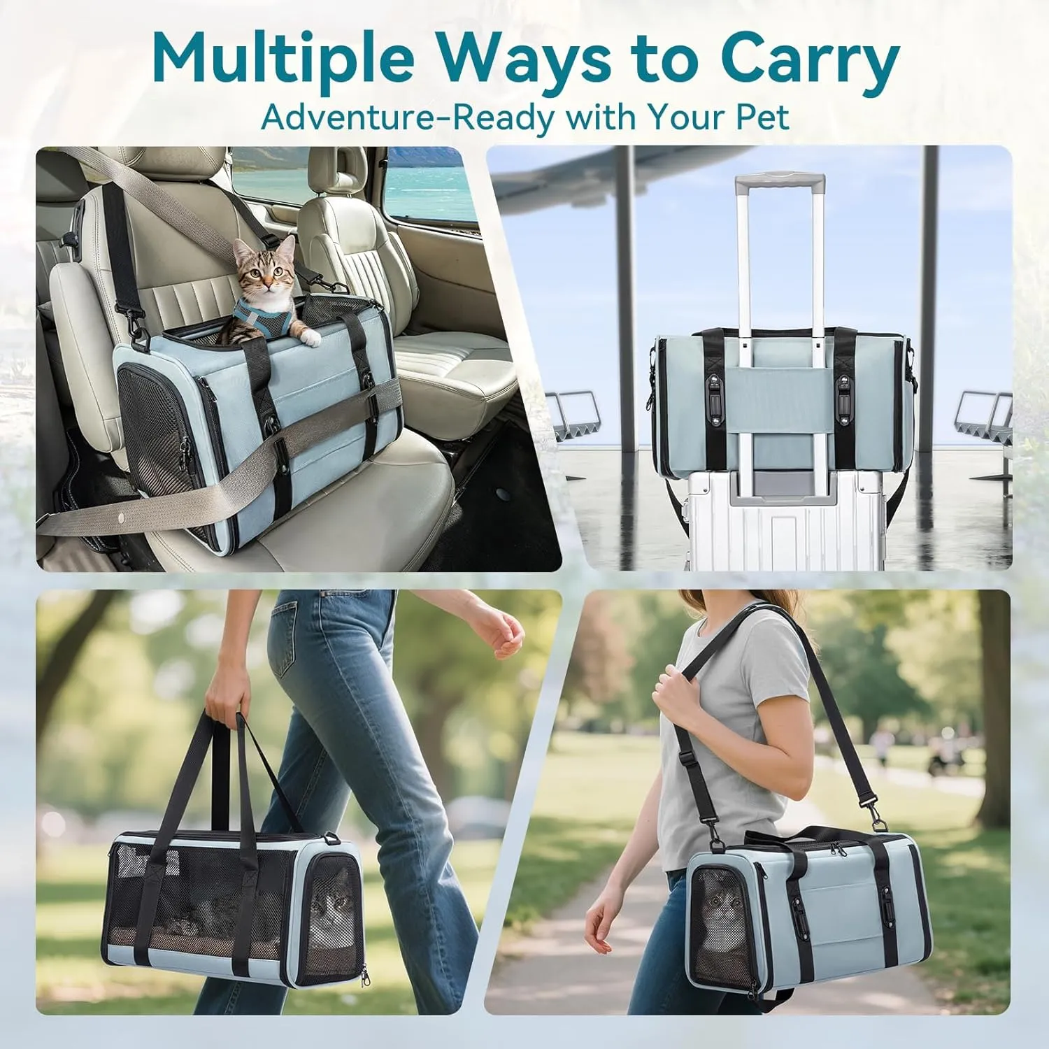 Petsfit Airline Approved Soft-Sided Pet Carrier for Cats & Dogs 18"x11"x11" - Lightweight Collapsible Cat Carrier with Patented Car Buckle, Adjustable Strap - 9 lbs Capacity (Cyan Blue)