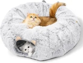 Plush Cat Tunnel Bed for Indoor Cats, Large Donut Tunnel Toys with Detachable & Washable Cushion, Peekaboo Hideaway Cave for Kittens Rabbit Ferret Puppy, Ash Grey