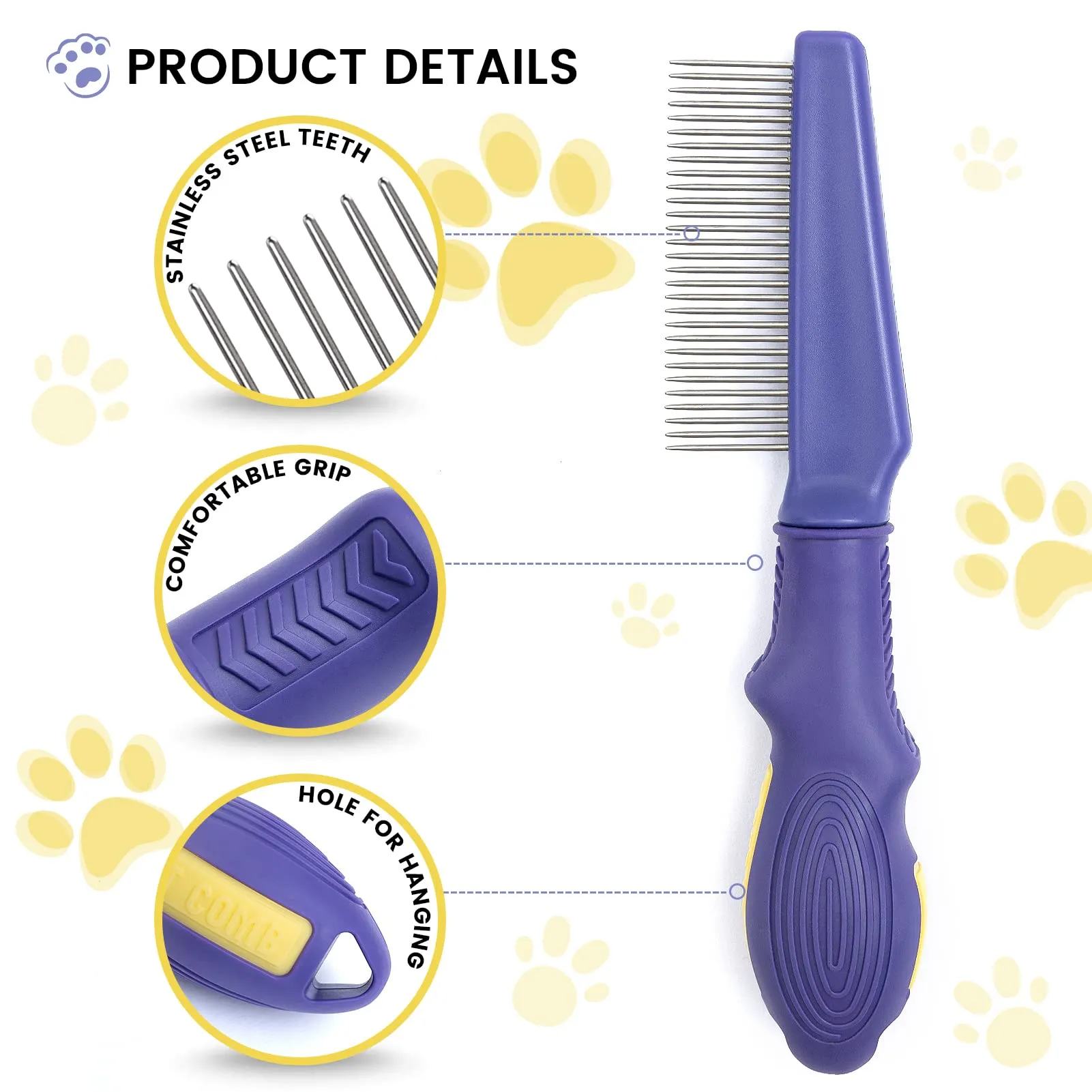 Purple Flea Comb for Cats & Dogs: Stainless Steel, Ergonomic Grip, 7.95" Long