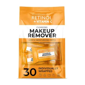 Retinol   Vitamin C Individually Wrapped Makeup Remover Wipes, travel essentials for Travel & On the Go, women facial cleansing towelettes, removes makeup mascara & sunscreen - 30 single face wipes