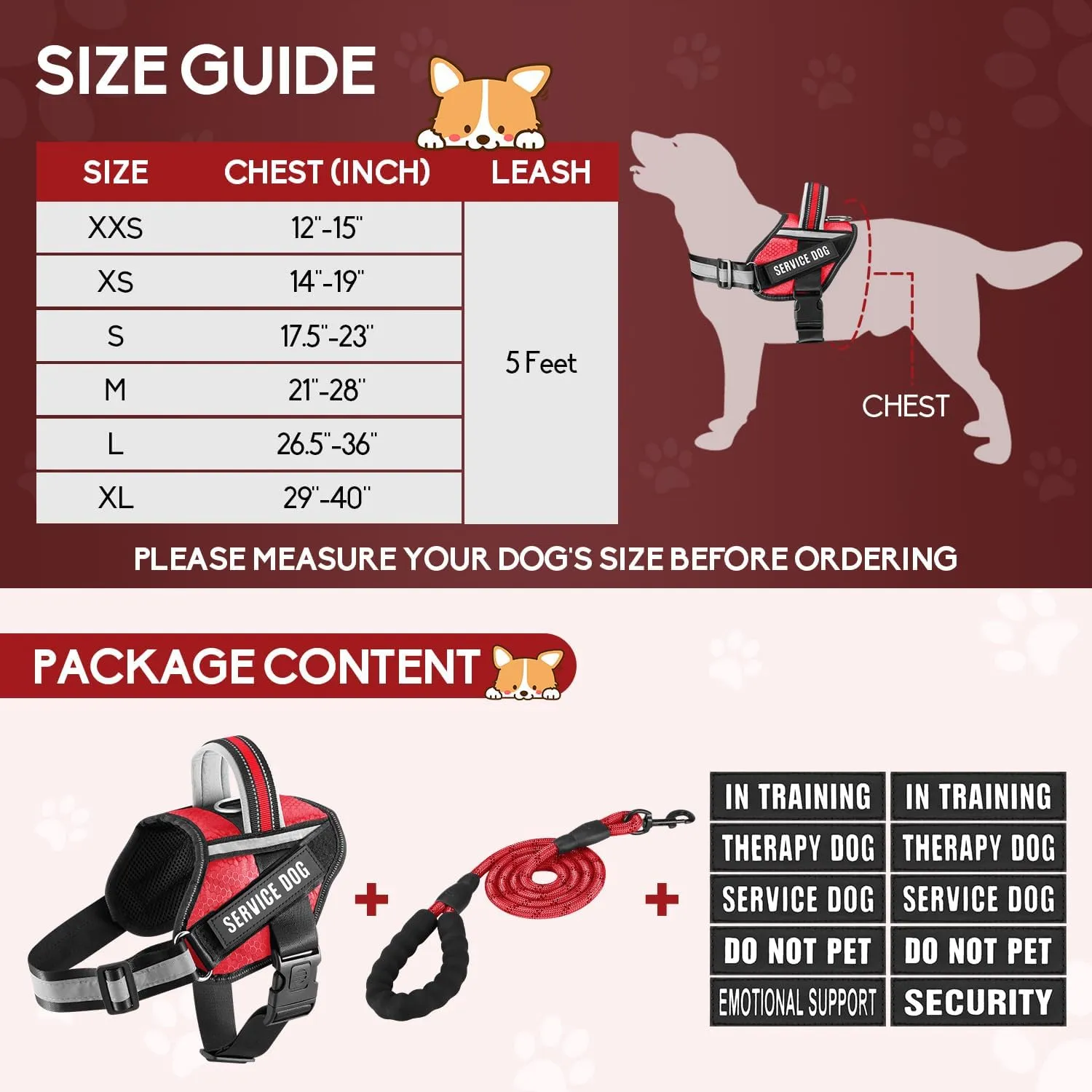 Service Dog Vest Harness and Leash Set, Animire in Training Dog Harness with 10 Dog Patches, Reflective Dog Leash with Soft Padded Handle for Small, Medium, Large, and Extra-Large Dogs (RED,XS)