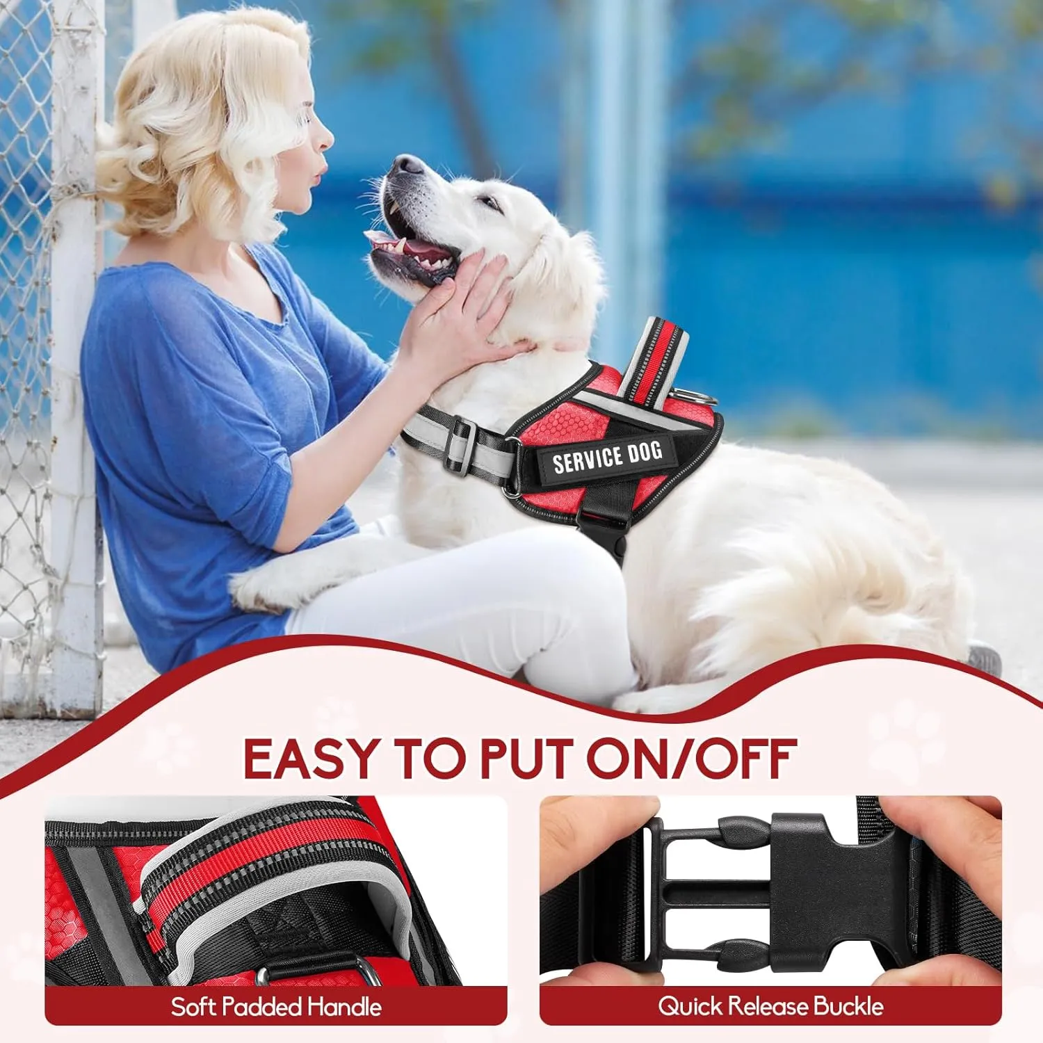 Service Dog Vest Harness and Leash Set, Animire in Training Dog Harness with 10 Dog Patches, Reflective Dog Leash with Soft Padded Handle for Small, Medium, Large, and Extra-Large Dogs (RED,XS)