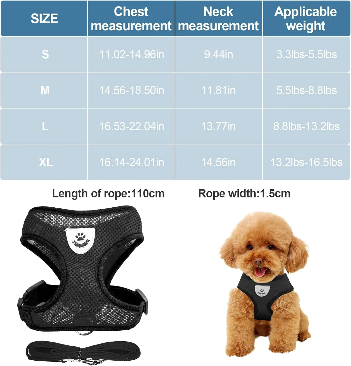 shudyear Dog Walking Chest Harness and Leash, Anti-Escape Adjustable Soft Mesh Dog Leash and Harness Set for Small Dog and Puppies, Vest for Medium Sized Dogs (Black, M)