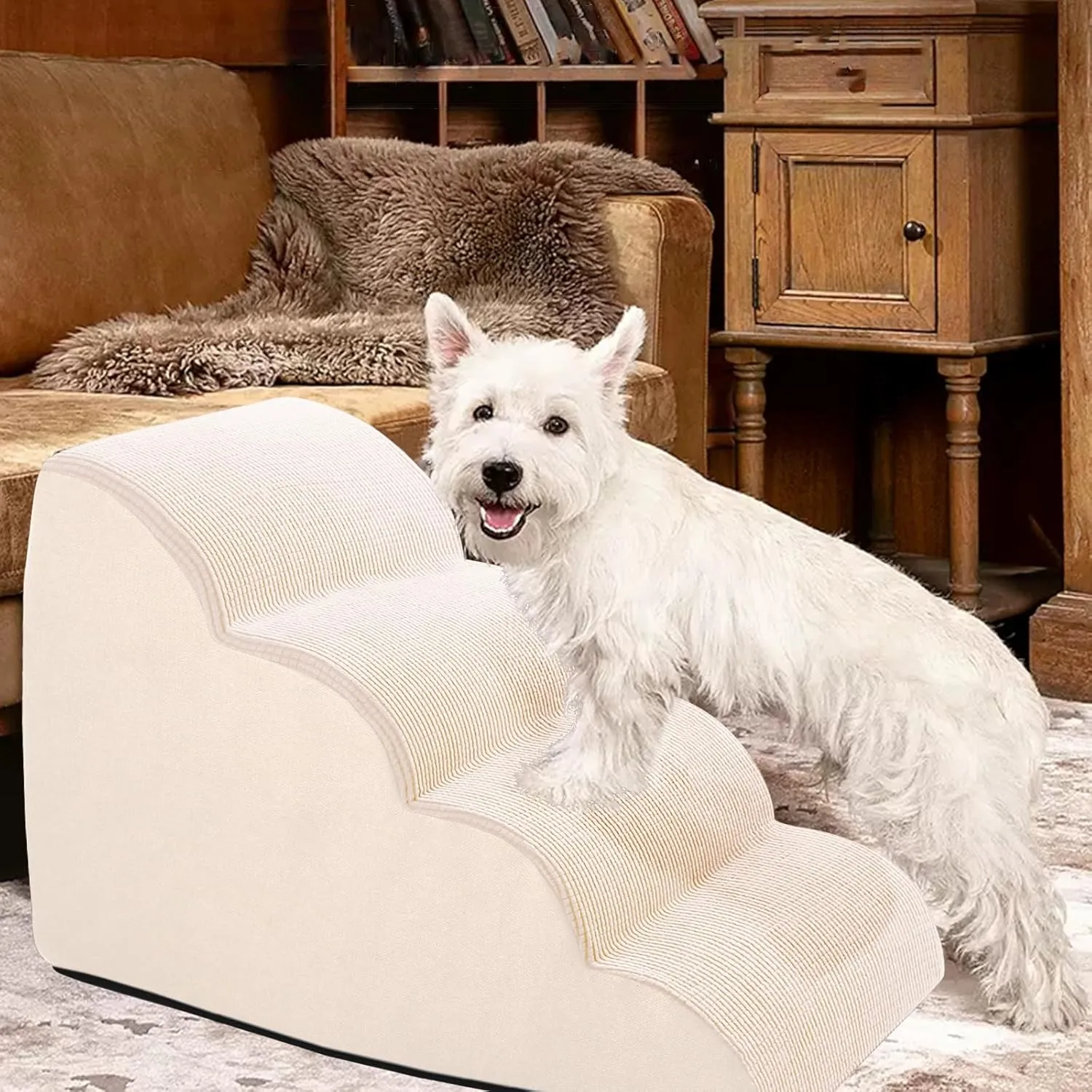Steps for Small Dog, Dog Stairs for High Beds and Couch, 20" 4-Step High Density Foam Pet Stairs for Dogs Injured, Older Dogs Cats, Pet with Joint Pain (Beige)