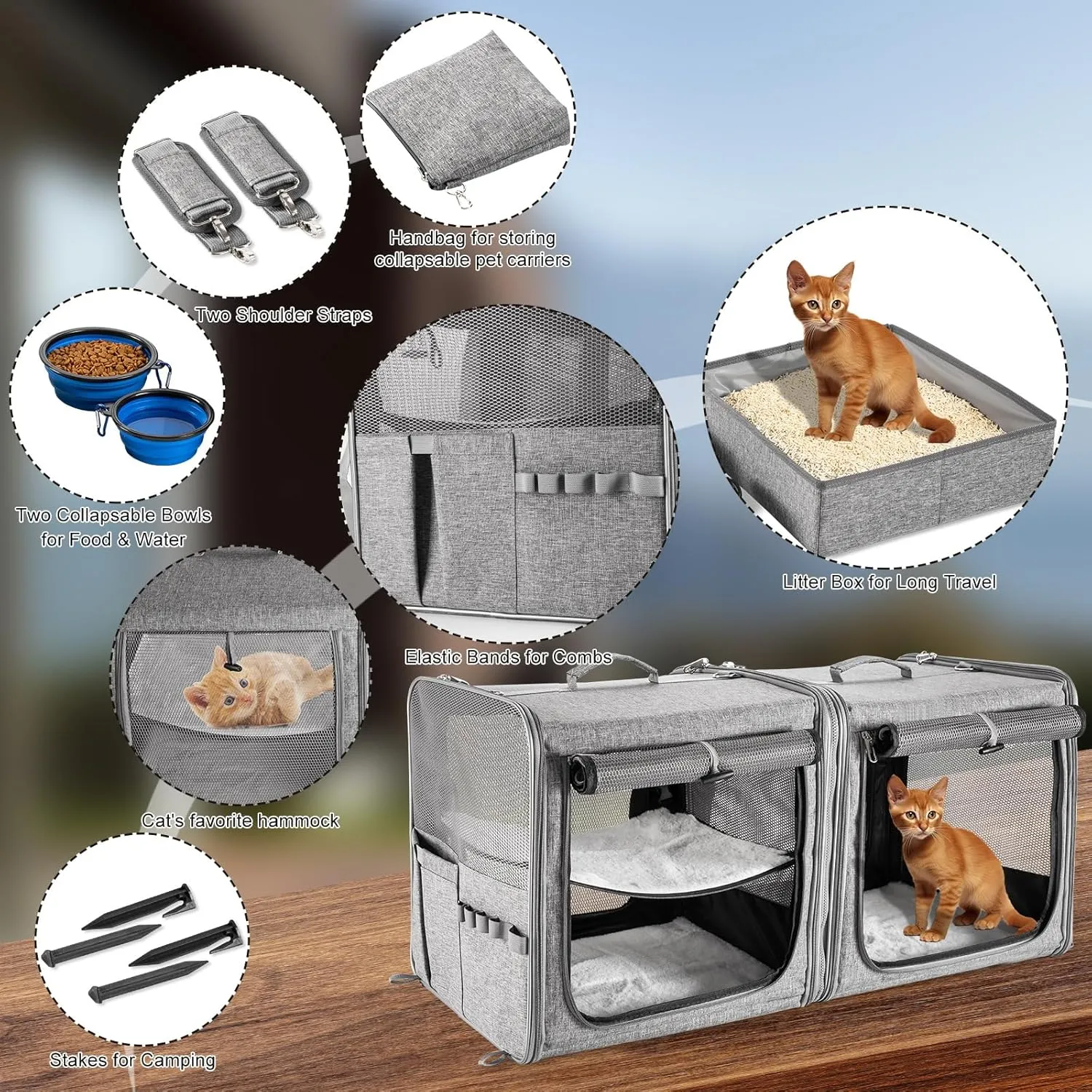 Suertree Cat Carrier for 2 Cats, Pet Travel Carrier with Litter Box for Cats and Small Dogs Up to 45 Lbs, Bowls, and Locking Zippers