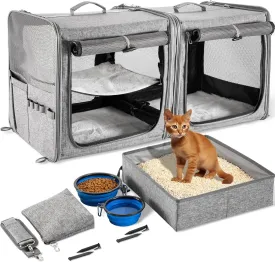 Suertree Cat Carrier for 2 Cats, Pet Travel Carrier with Litter Box for Cats and Small Dogs Up to 45 Lbs, Bowls, and Locking Zippers