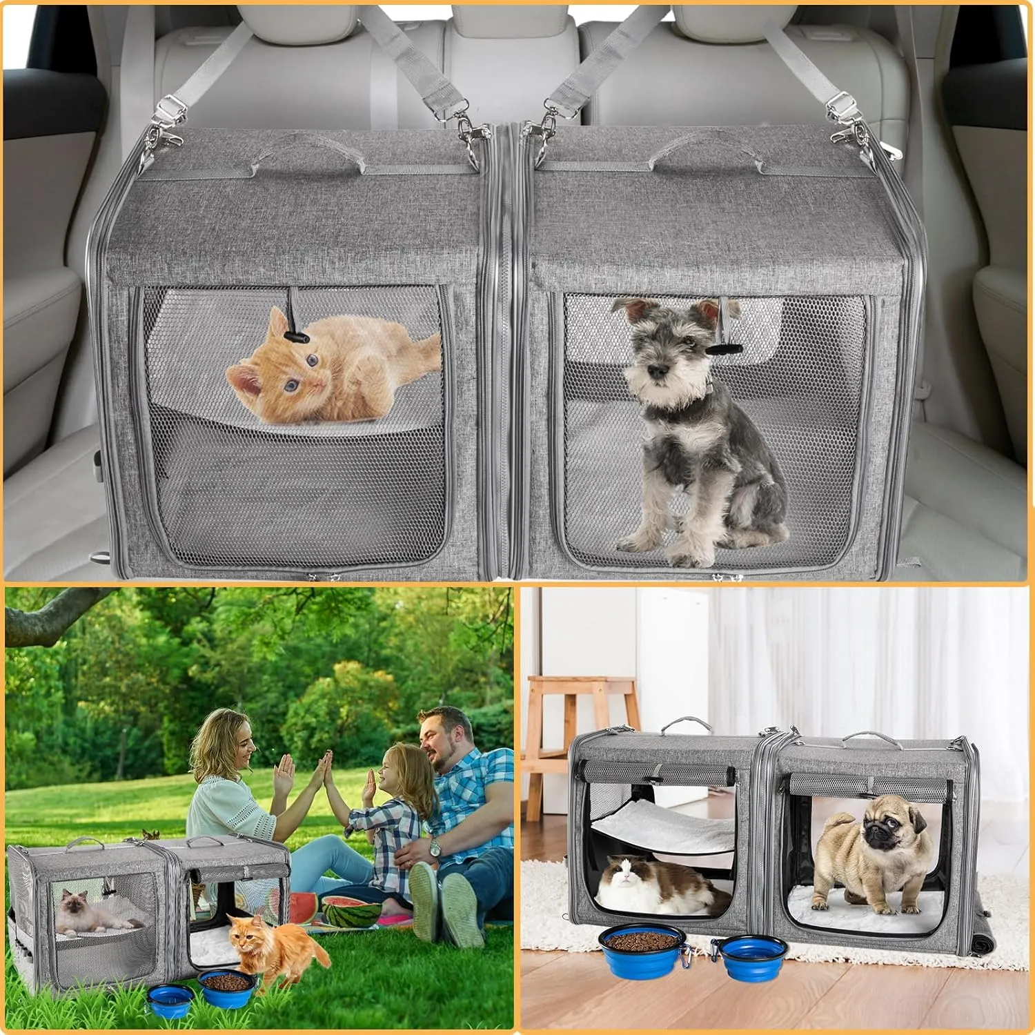 Suertree Cat Carrier for 2 Cats, Pet Travel Carrier with Litter Box for Cats and Small Dogs Up to 45 Lbs, Bowls, and Locking Zippers