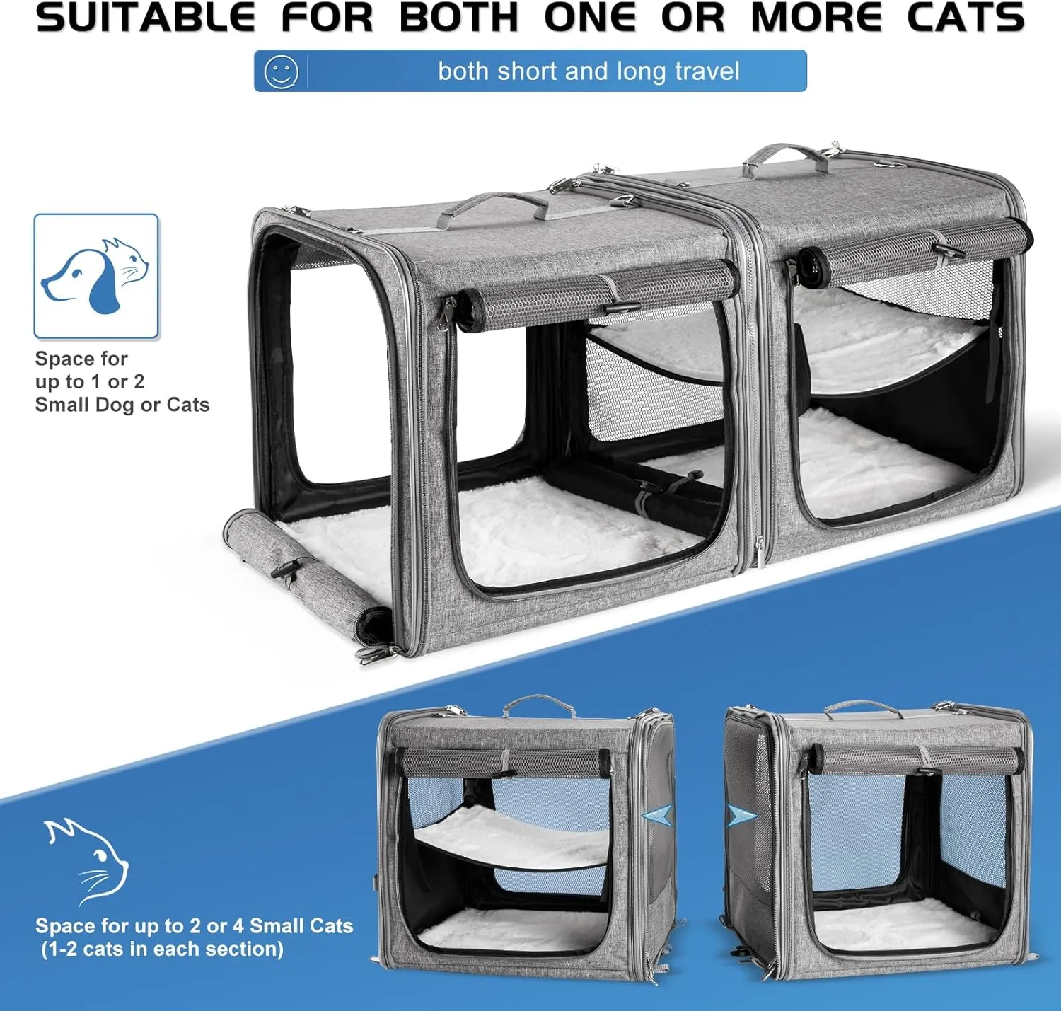 Suertree Cat Carrier for 2 Cats, Pet Travel Carrier with Litter Box for Cats and Small Dogs Up to 45 Lbs, Bowls, and Locking Zippers