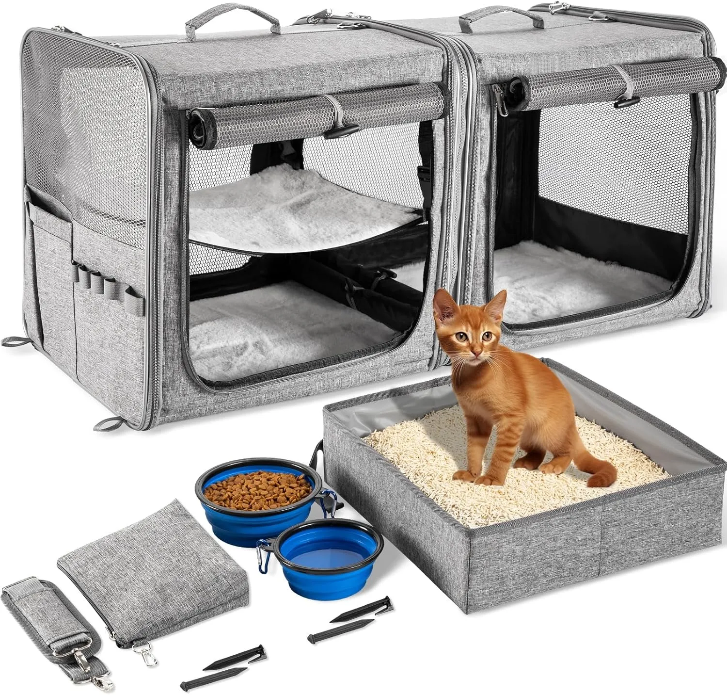 Suertree Cat Carrier for 2 Cats, Pet Travel Carrier with Litter Box for Cats and Small Dogs Up to 45 Lbs, Bowls, and Locking Zippers