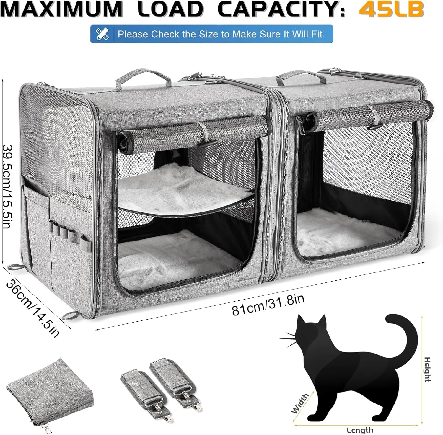 Suertree Cat Carrier for 2 Cats, Pet Travel Carrier with Litter Box for Cats and Small Dogs Up to 45 Lbs, Bowls, and Locking Zippers