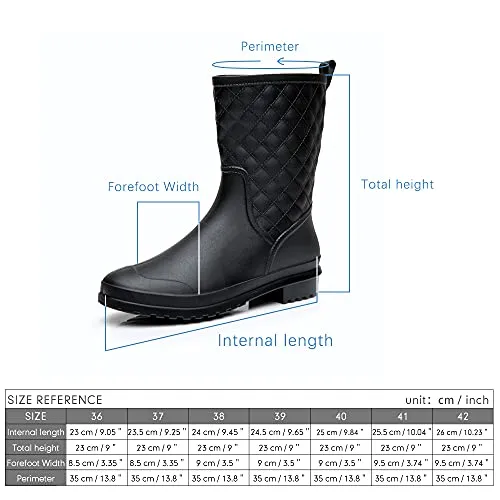 Womens Rain Boots Waterproof Rubber Boots for Women Mid Calf Lightweight Garden Anti-Slip Shoes Comfortable Black Blue US 5-11,BK39