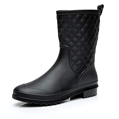 Womens Rain Boots Waterproof Rubber Boots for Women Mid Calf Lightweight Garden Anti-Slip Shoes Comfortable Black Blue US 5-11,BK39