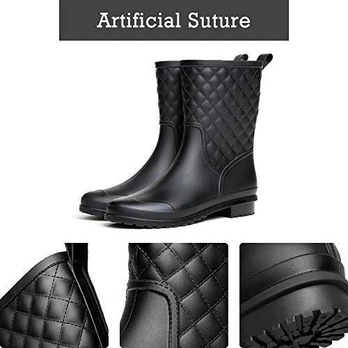 Womens Rain Boots Waterproof Rubber Boots for Women Mid Calf Lightweight Garden Anti-Slip Shoes Comfortable Black Blue US 5-11,BK39